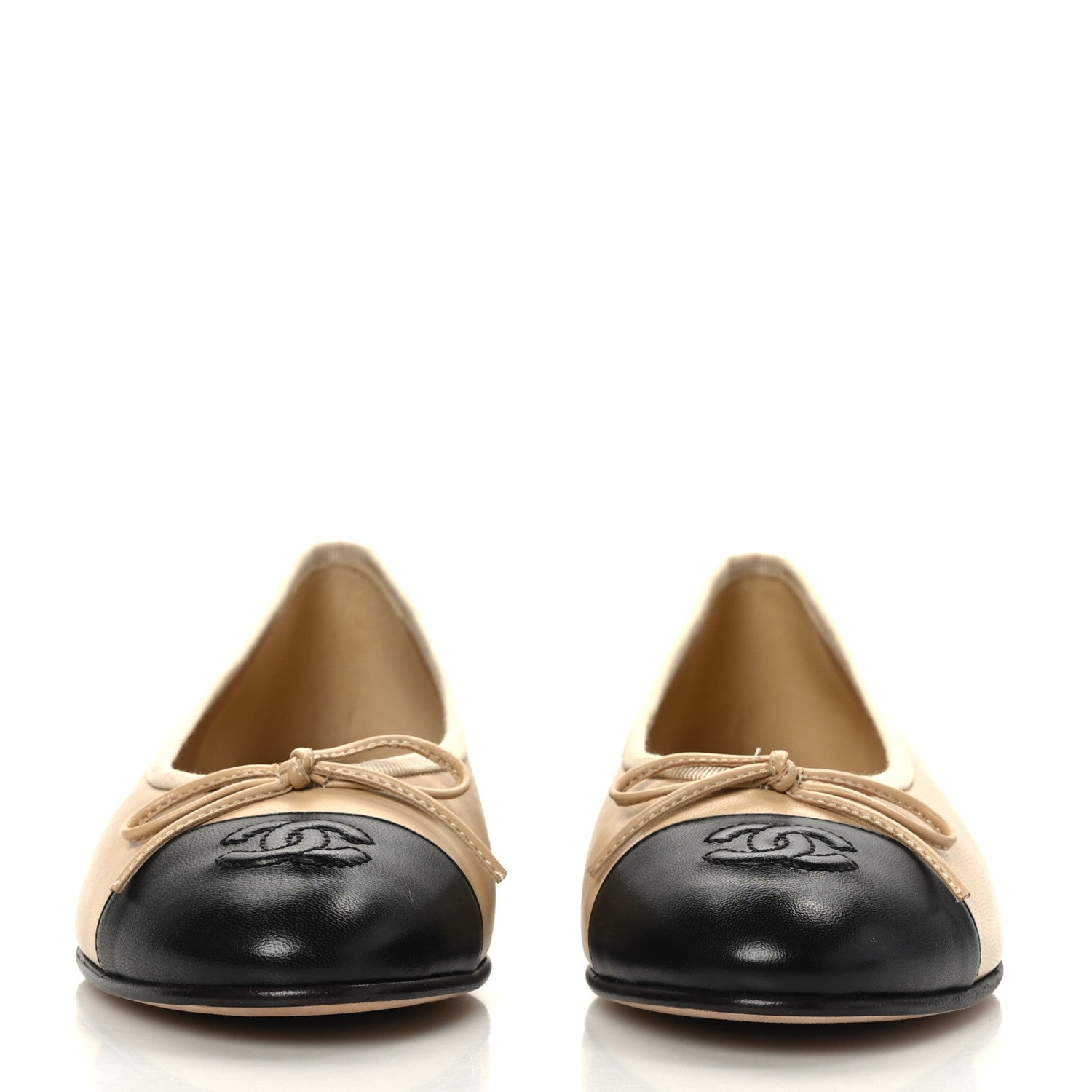 Chanel Lambskin Cap Toe CC Ballerina Flats 37.5 Beige Black 2 of 8