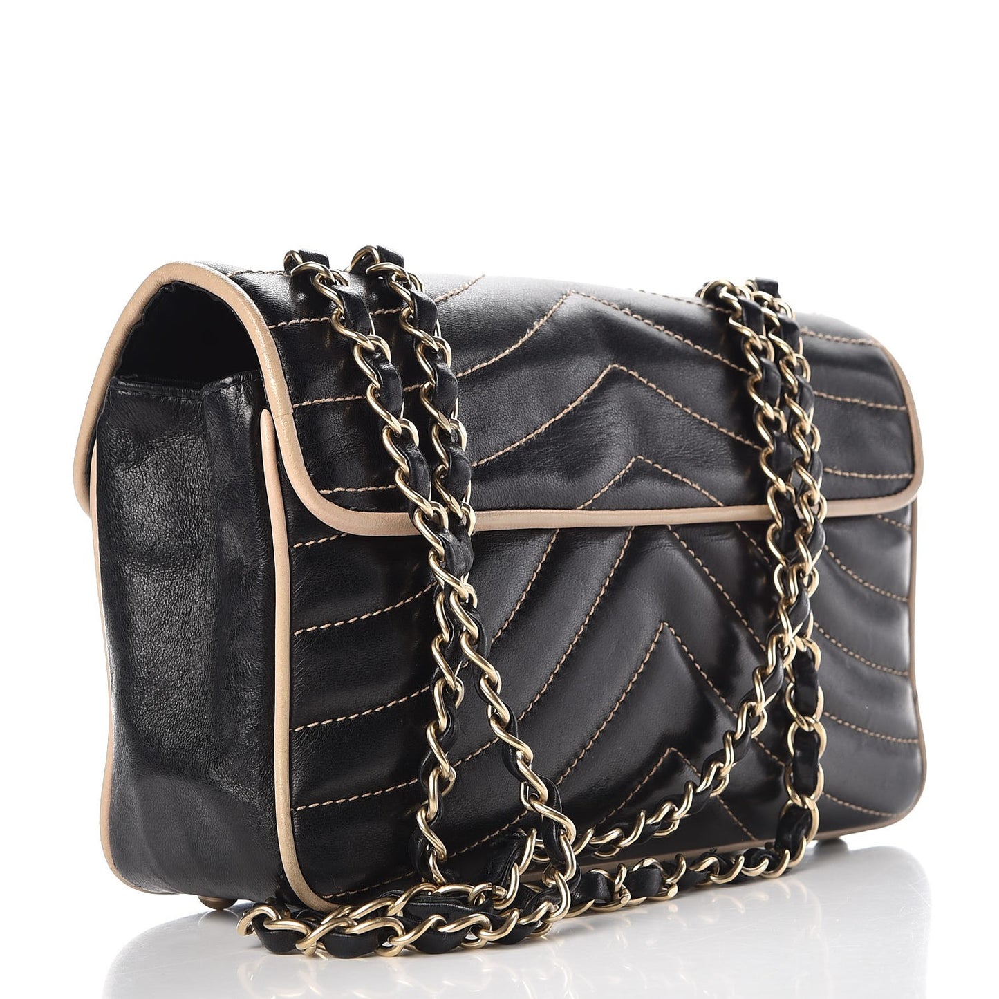 Lambskin Chevron Small Single Flap Bag Black Beige