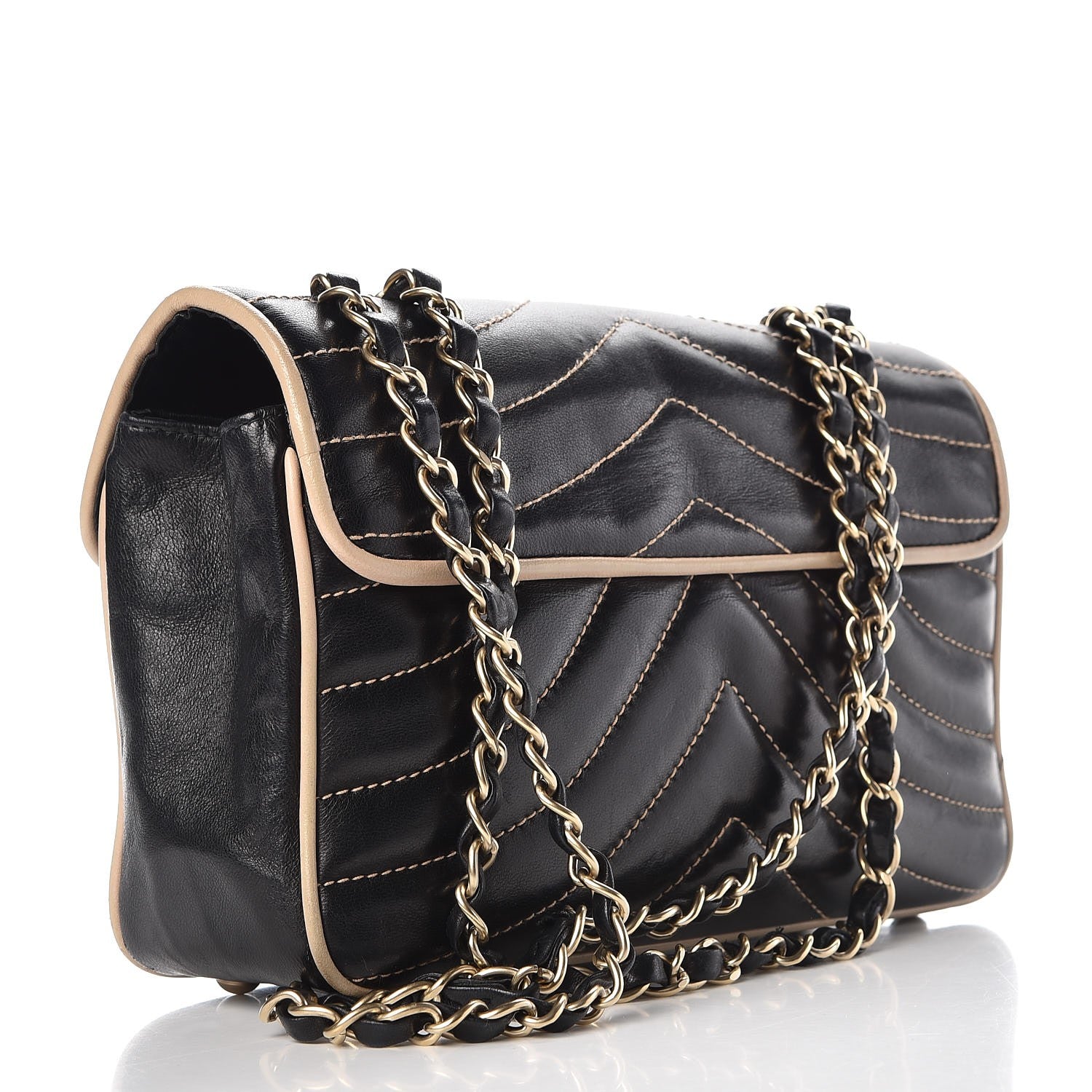 Chanel Lambskin Chevron Small Single Flap Bag Black Beige 3 of 11