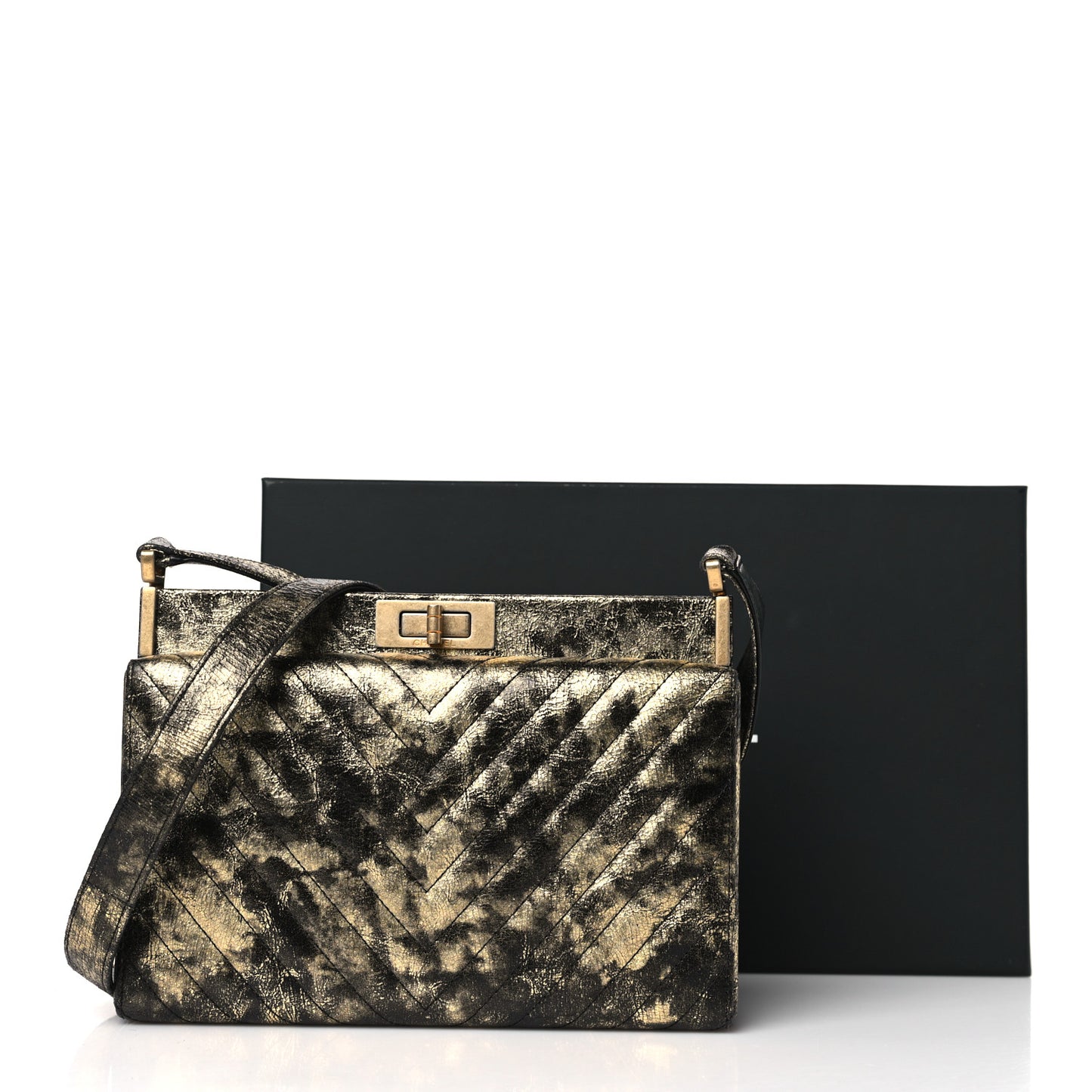 Metallic Crumpled Goatskin Chevron Quilted Reissue Clutch Bag Black Gold