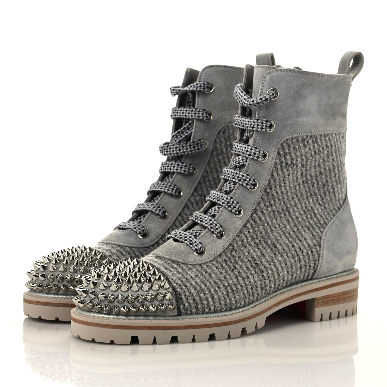 Christian Louboutin Suede Tweed Spikes Flat Boots 37.5 Grey 3 of 8