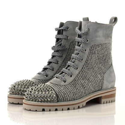 Christian Louboutin Suede Tweed Spikes Flat Boots 37.5 Grey 3 of 8