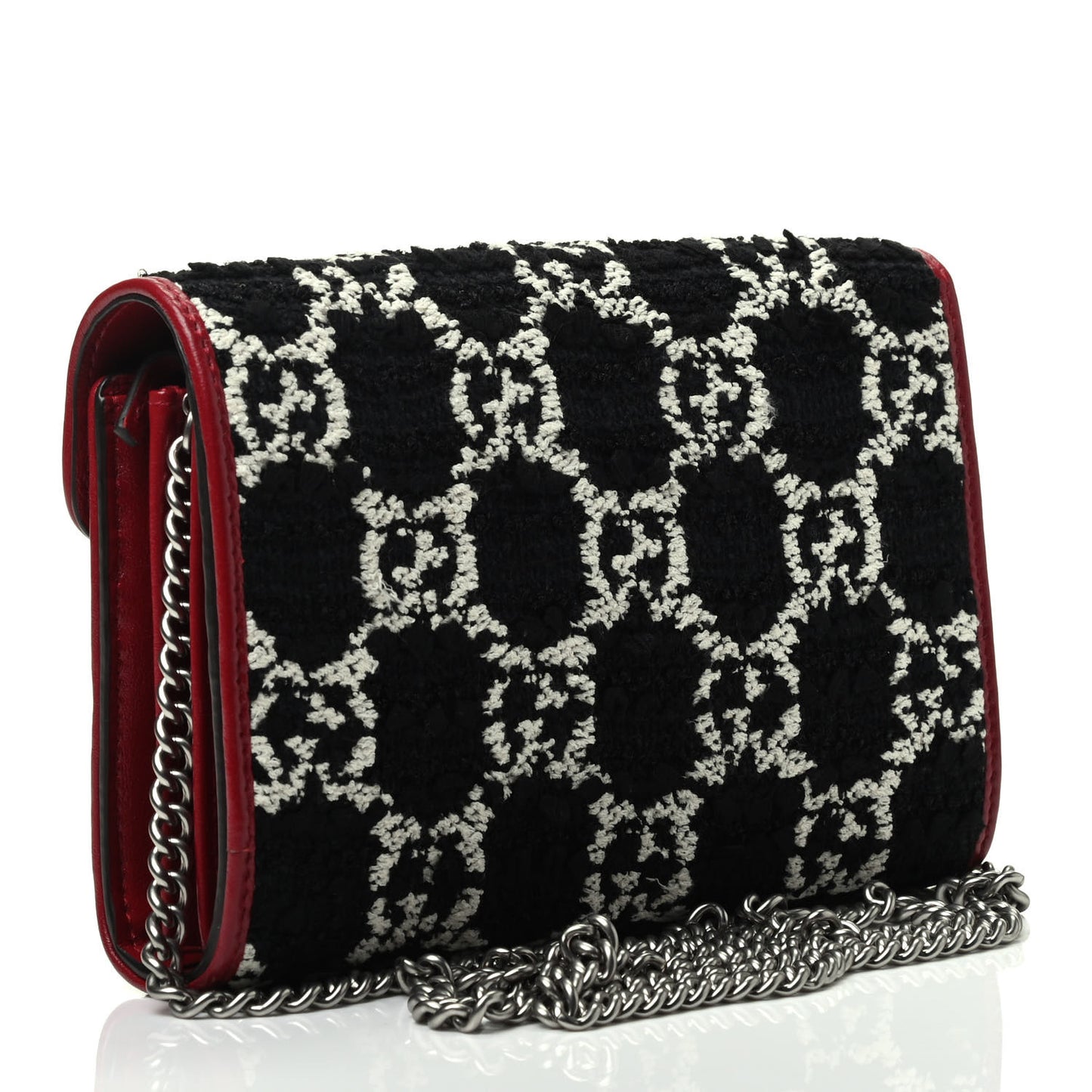 Tweed GG Monogram Mini Dionysus Chain Wallet Black White Romantic Cherry