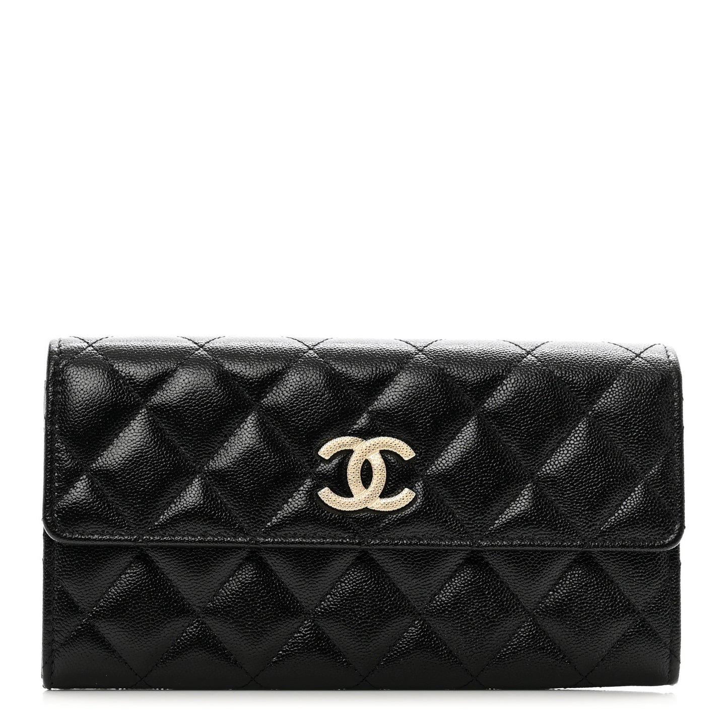 Caviar Quilted Studded CC Large Gusset Flap Wallet Black