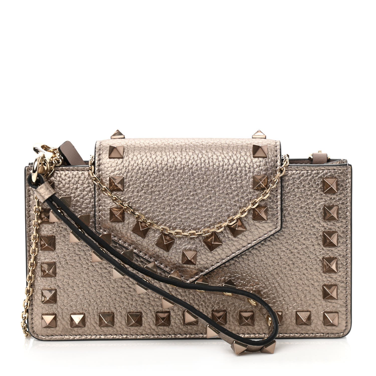 Valentino Garavani Metallic Pebbled Calfskin Rockstud Phone Case With Chain Sasso 1 of 9