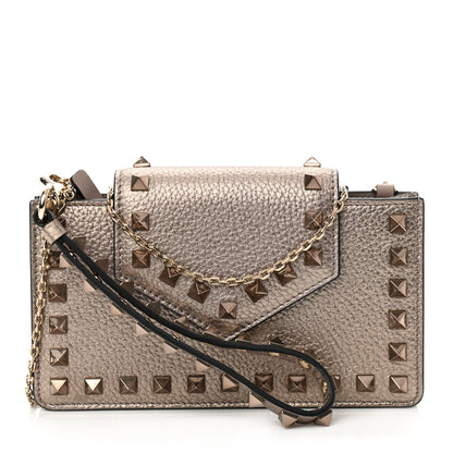 Valentino Garavani Metallic Pebbled Calfskin Rockstud Phone Case With Chain Sasso 1 of 9