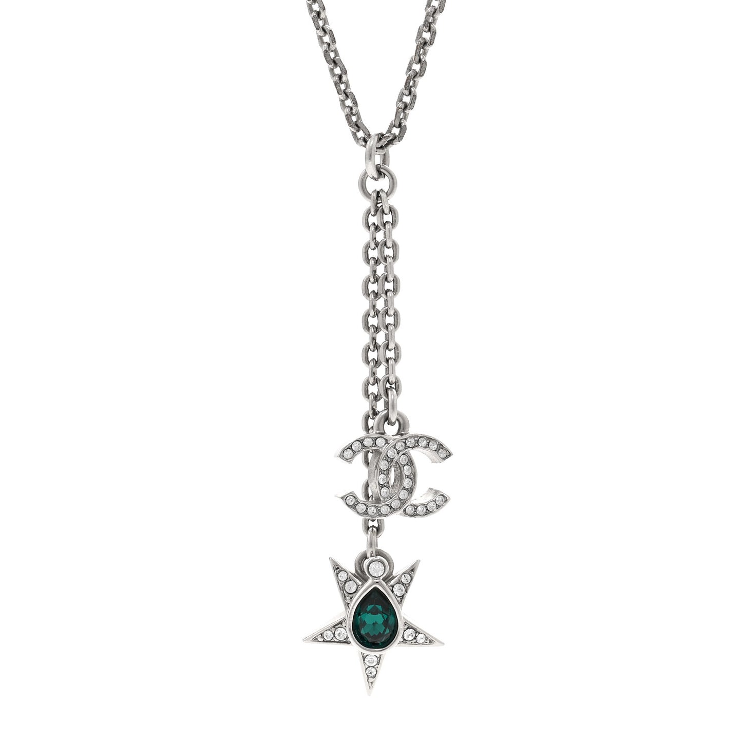 Pearl Crystal CC Star Drop Necklace Silver Green Pearly White Silver Green