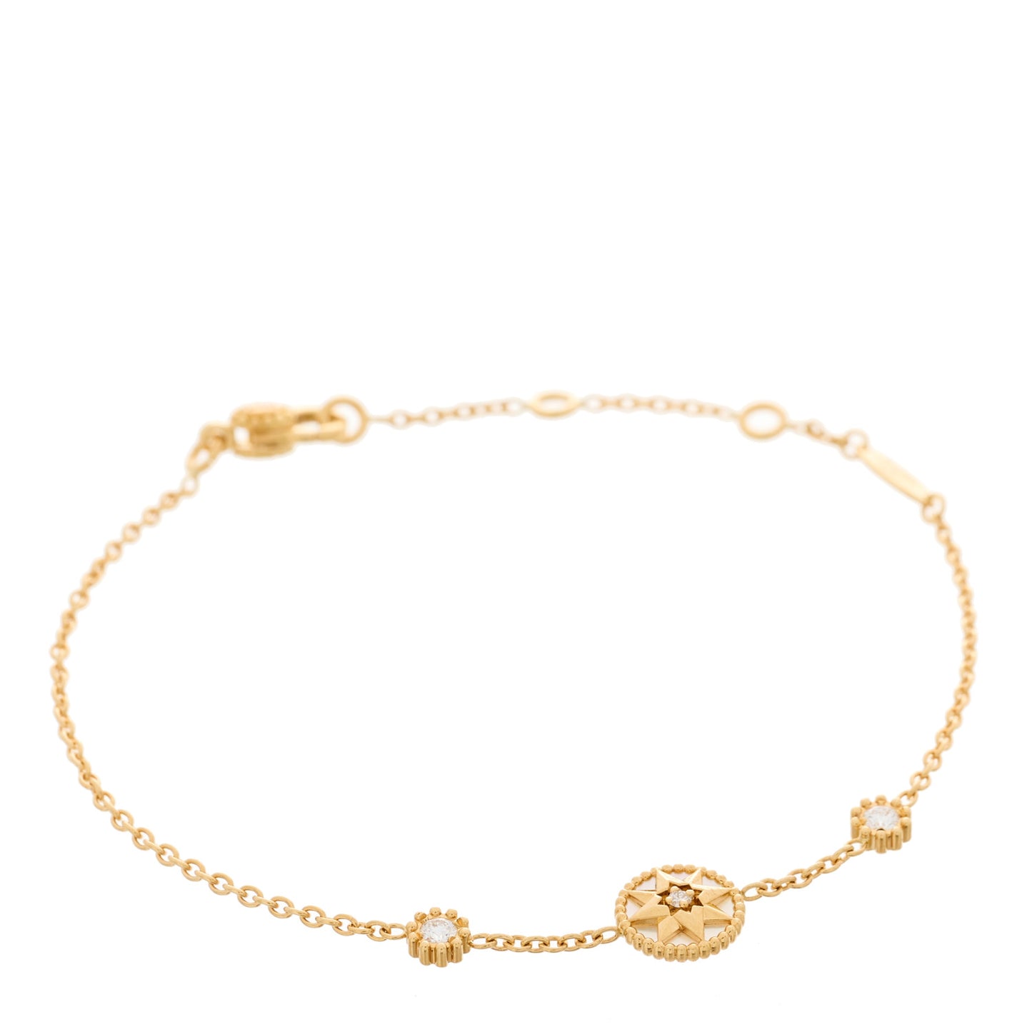 18K Yellow Gold Diamond Mother of Pearl 3 Station Rose Des Vents Bracelet