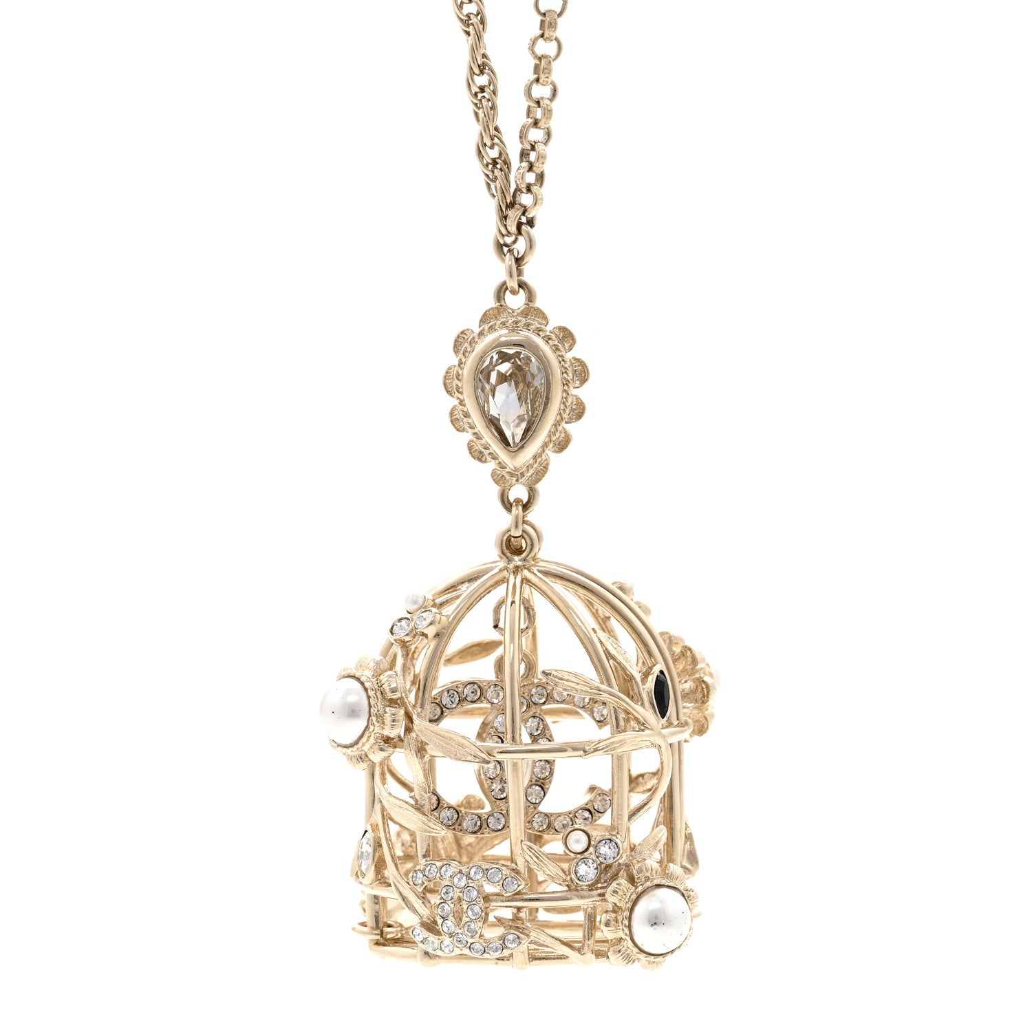 Chanel Metal Crystal Logo Bird Cage Necklace Gold 4 of 5