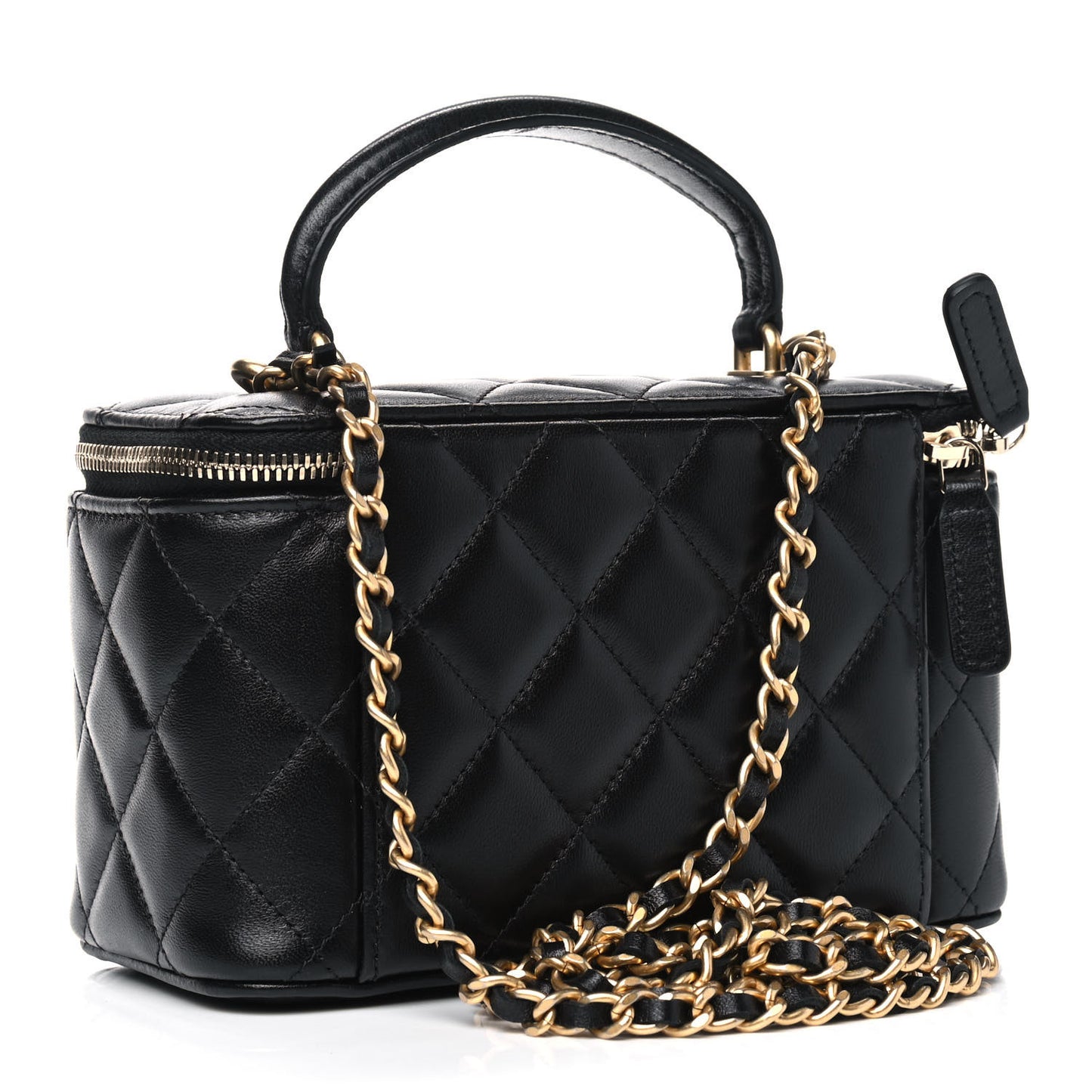 Lambskin Quilted Small Top Handle Vanity Case With Chain Black