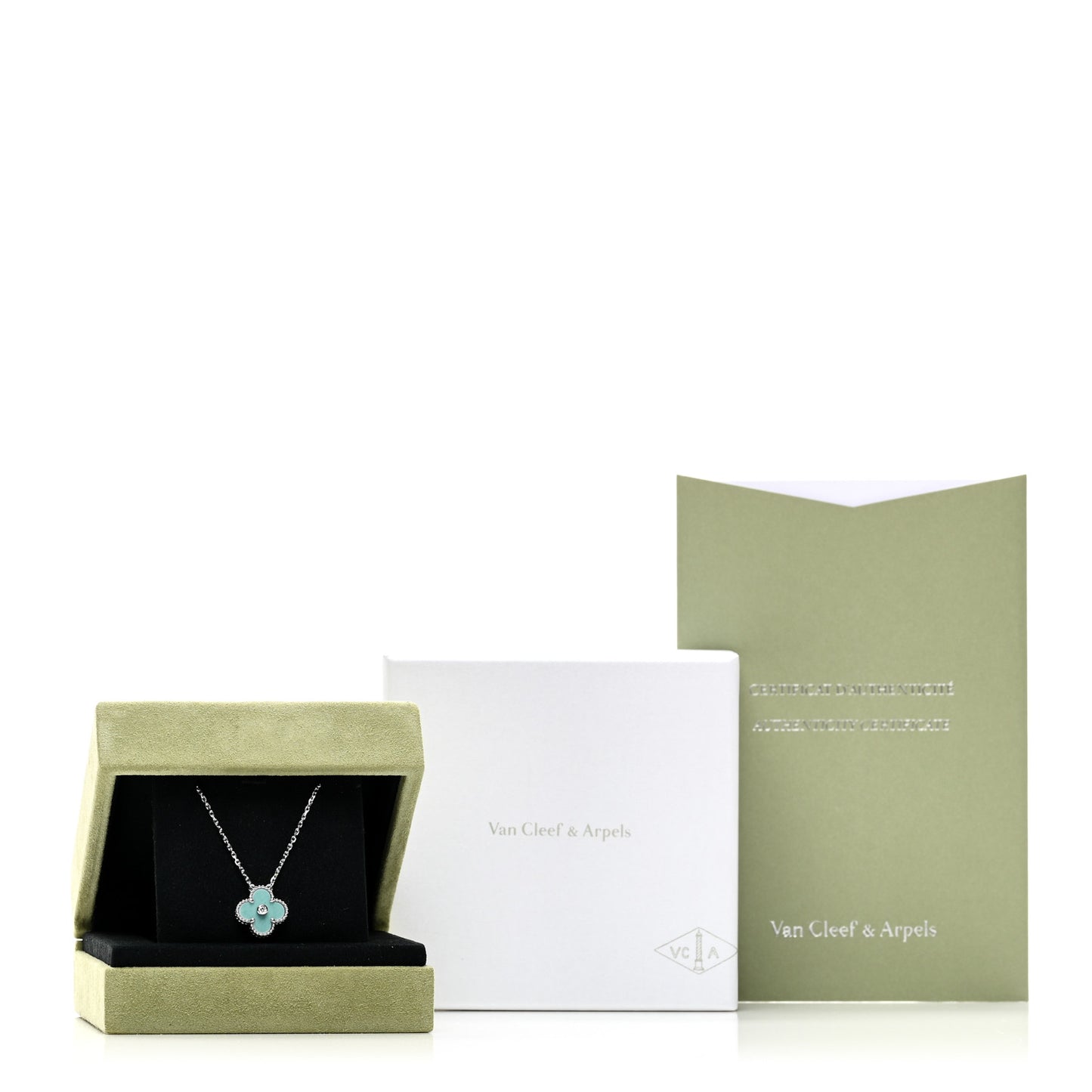18K White Gold Diamond Celadon Green Sevres Porcelain Vintage Alhambra Pendant Necklace