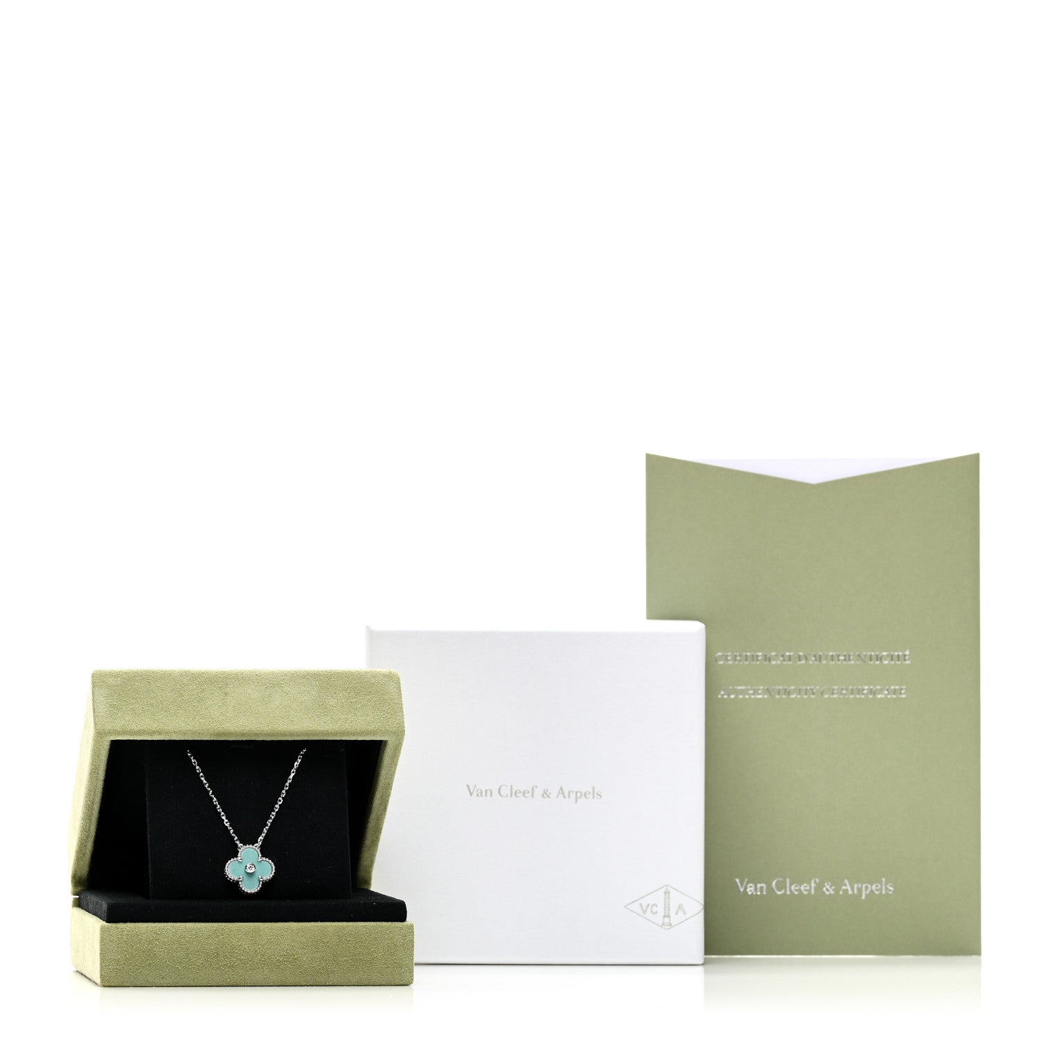 Van Cleef & Arpels 18K White Gold Diamond Celadon Green Sevres Porcelain Vintage Alhambra Pendant Necklace 6 of 6