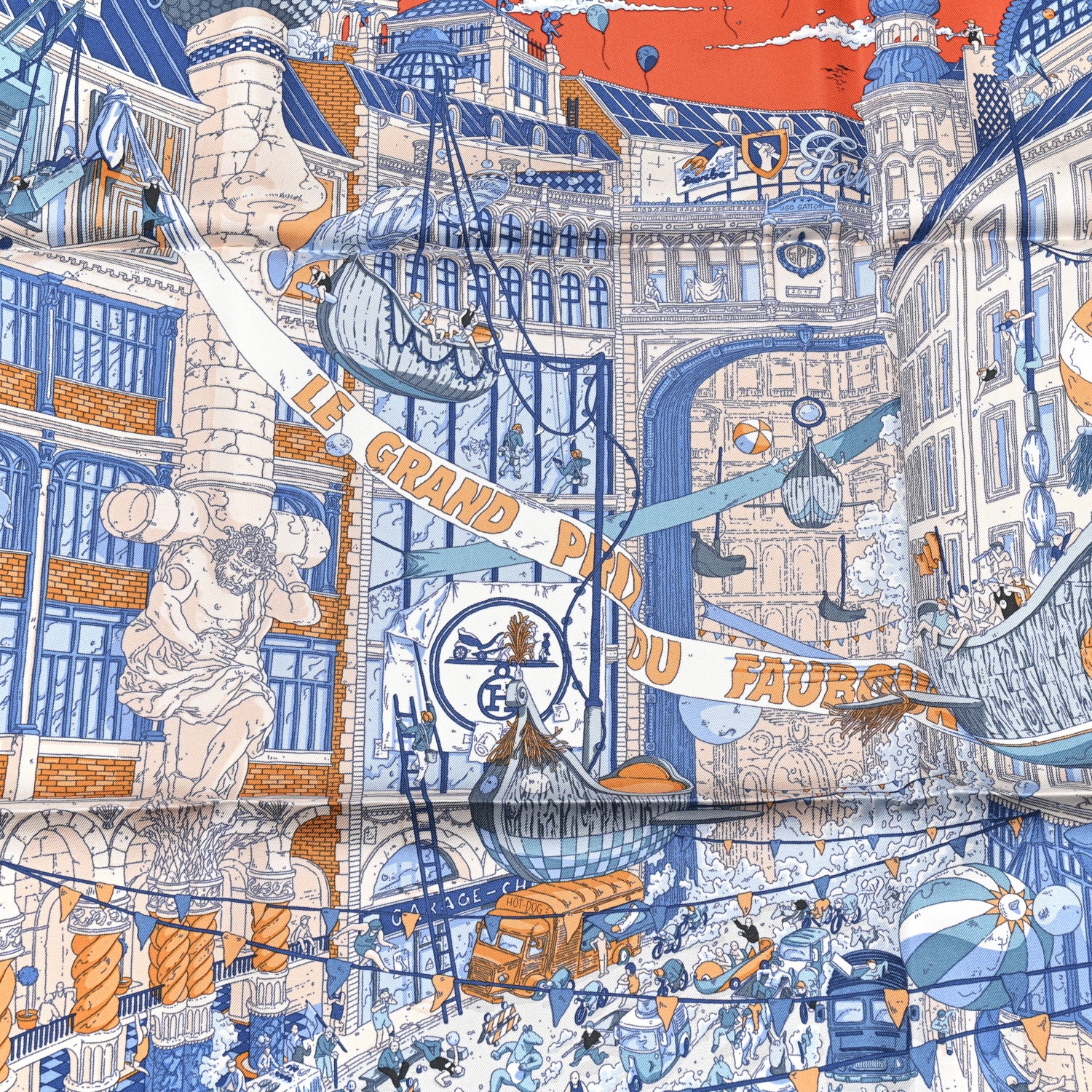 Hermes Silk Le Grand Prix du Faubourg Scarf 90 Orange Bleu White 5 of 5