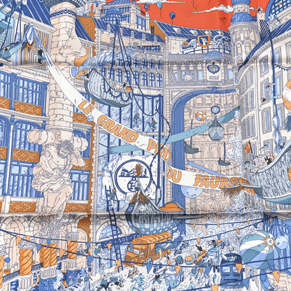 Hermes Silk Le Grand Prix du Faubourg Scarf 90 Orange Bleu White 5 of 5