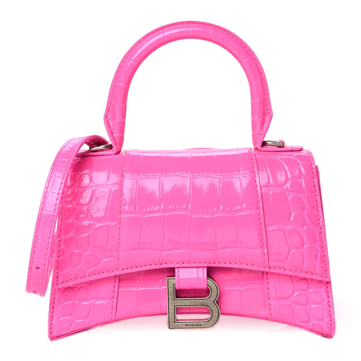 Balenciaga Shiny Calfskin Crocodile Embossed Hourglass Top Handle Bag XS Neon Pink 1 of 10