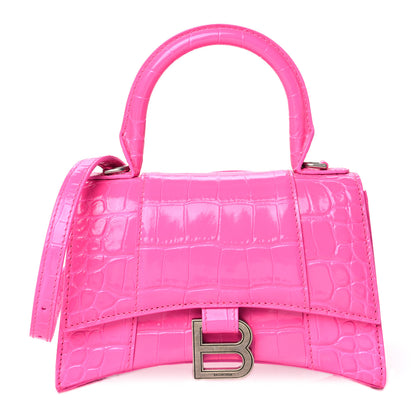Balenciaga Shiny Calfskin Crocodile Embossed Hourglass Top Handle Bag XS Neon Pink 1 of 10