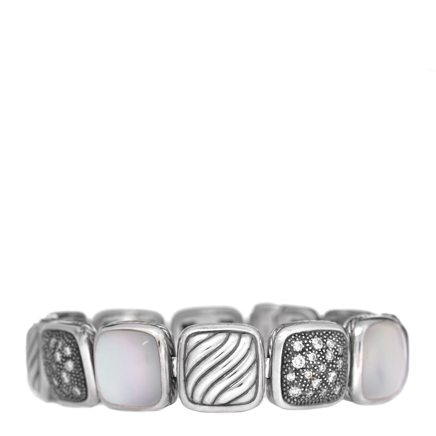 Sterling Silver Diamond Quartz Mother of Pearl Chiclet One Row Bracelet