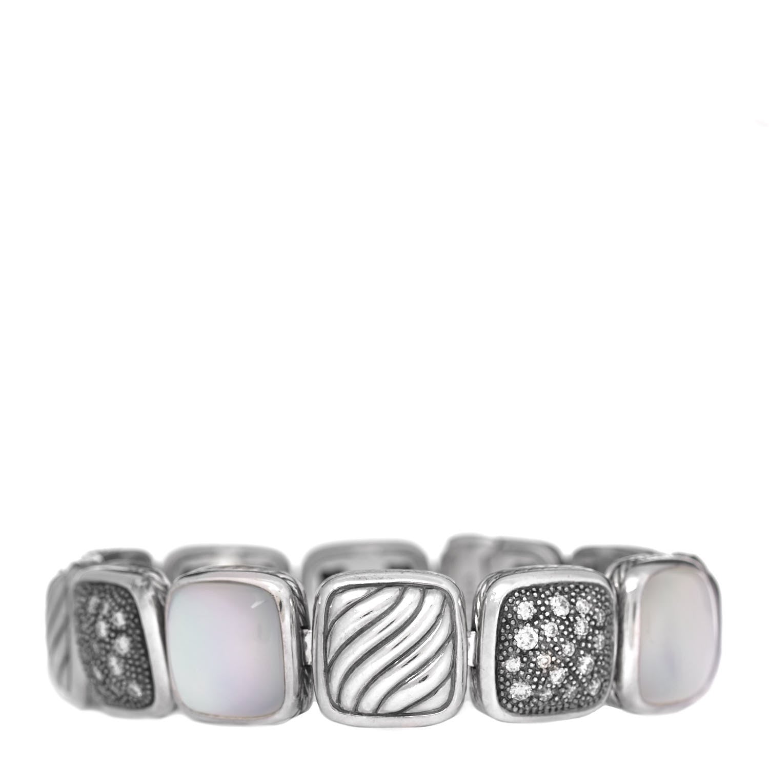David Yurman Sterling Silver Diamond Quartz Mother of Pearl Chiclet One Row Bracelet 1 of 4
