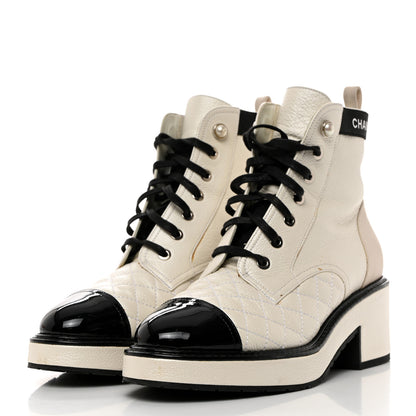 Chanel Pearly Calfskin Patent Calfskin Quilted Lace Up Boots 37.5 White Light Gray Black 3 of 12