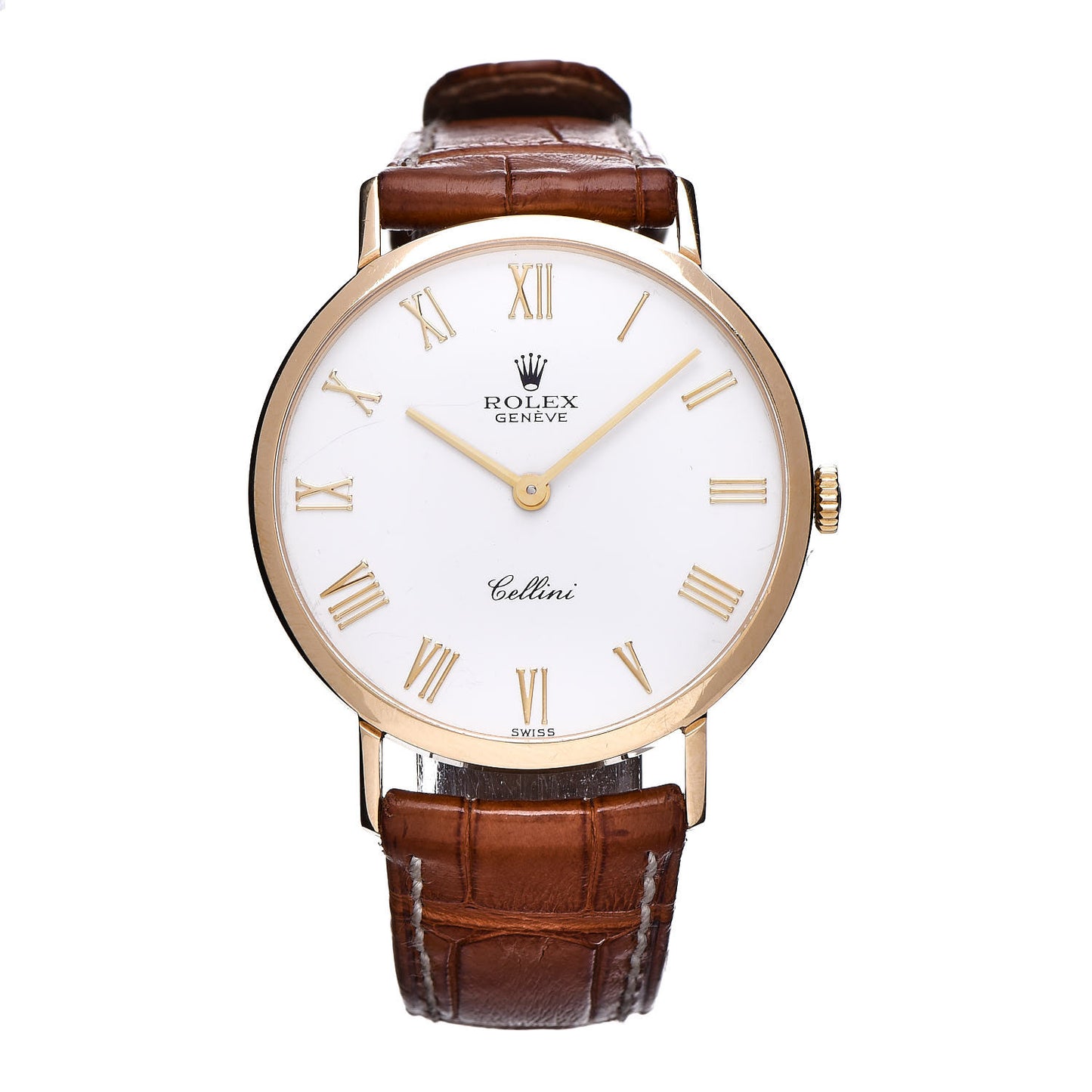 18K Yellow Gold Alligator 32mm Cellini Watch White 4112