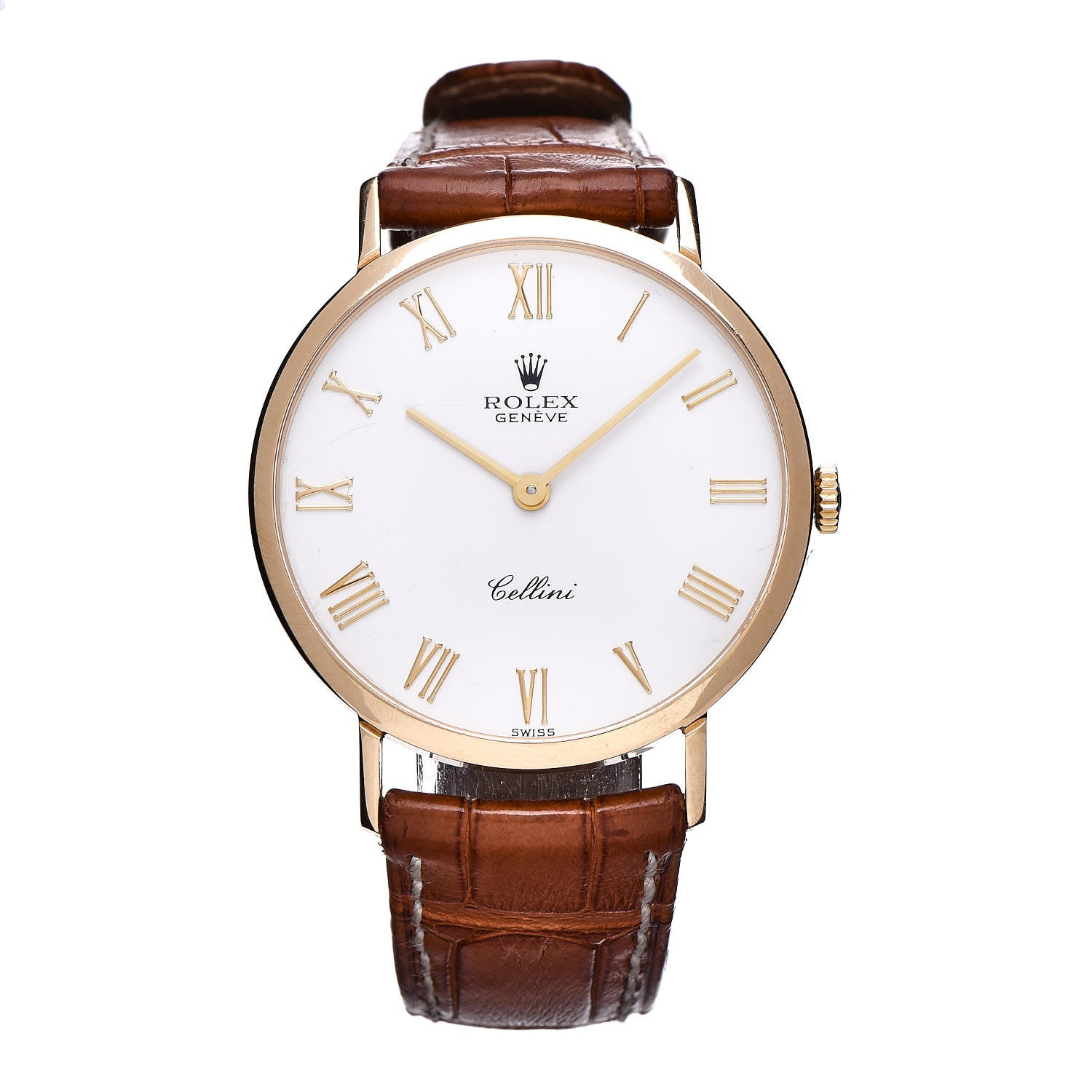Rolex 18K Yellow Gold Alligator 32mm Cellini Watch White 4112 1 of 8