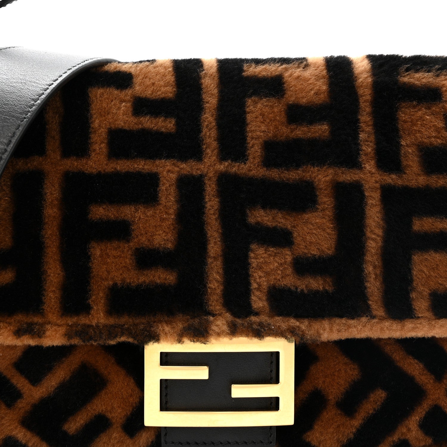 Fendi Shearling Vitello Dolce Macro FF 1974 Baguette Tobacco Black