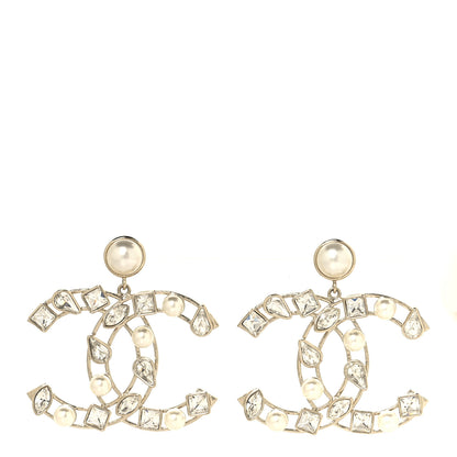 Chanel Metal Glass Pearl Strass Snowfall Drop Earrings Light Gold 1 of 4