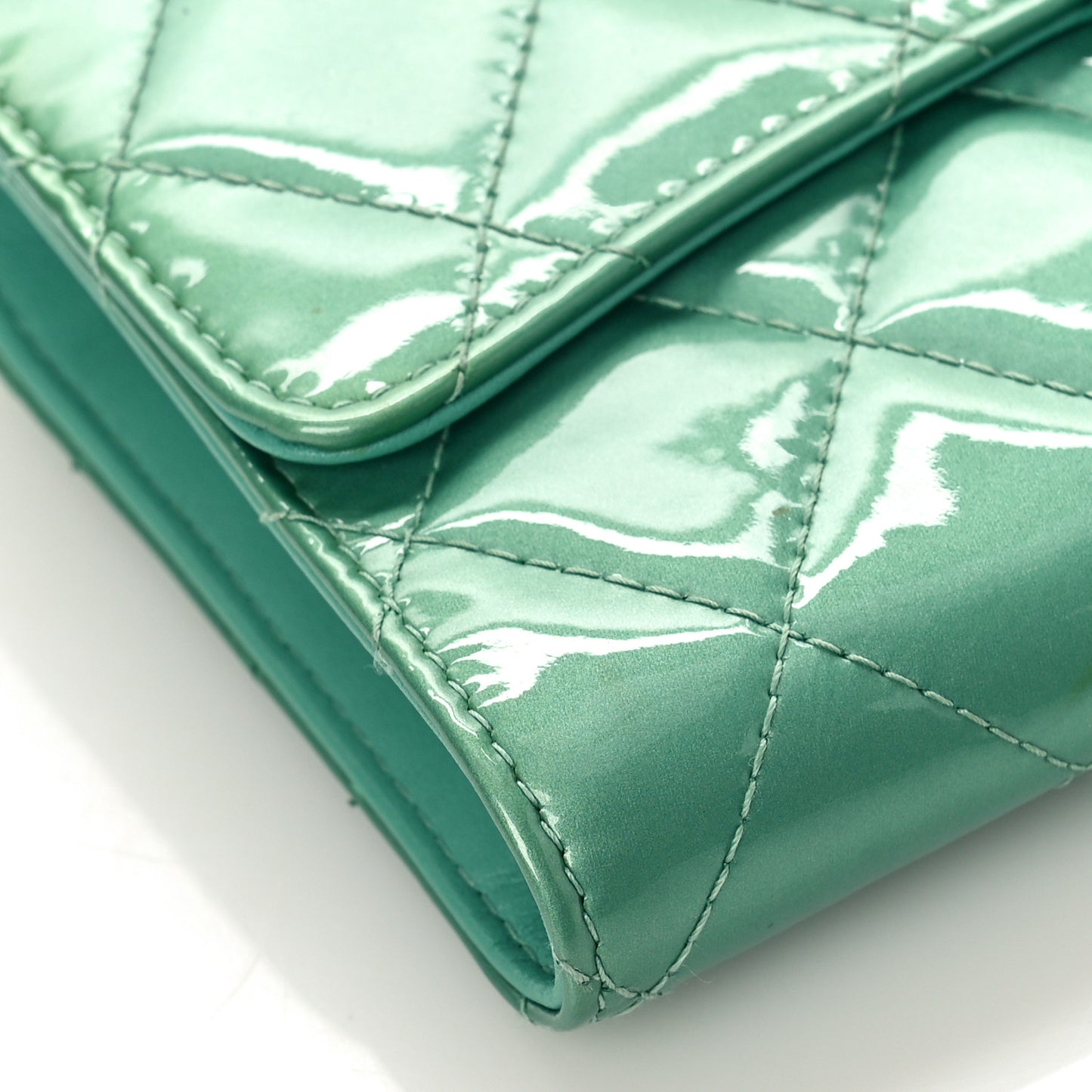 Patent Quilted Long Flap Wallet Green