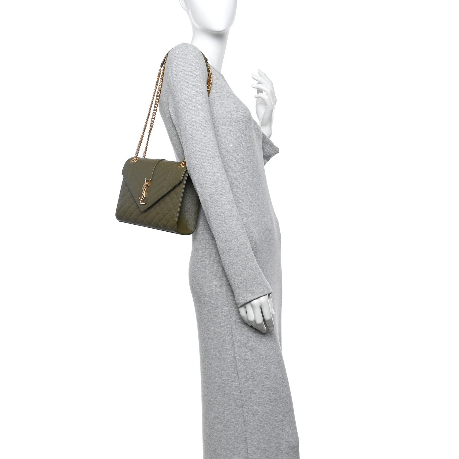 Saint Laurent Grain De Poudre Textured Mixed Matelasse Triquilt Medium Monogram Satchel Vert Kaki 2 of 13