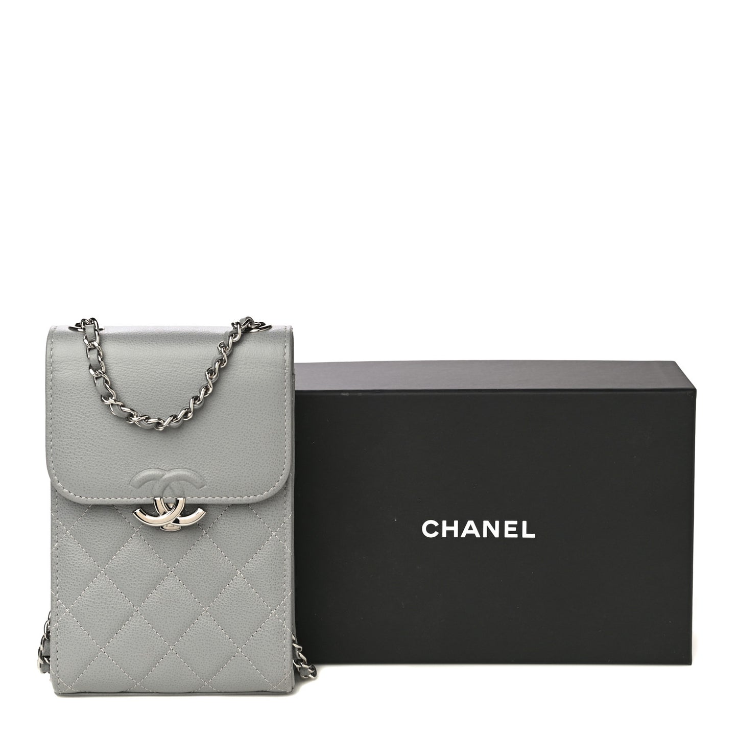 Grained Calfskin Quilted CC Box Clutch With Chain Grey