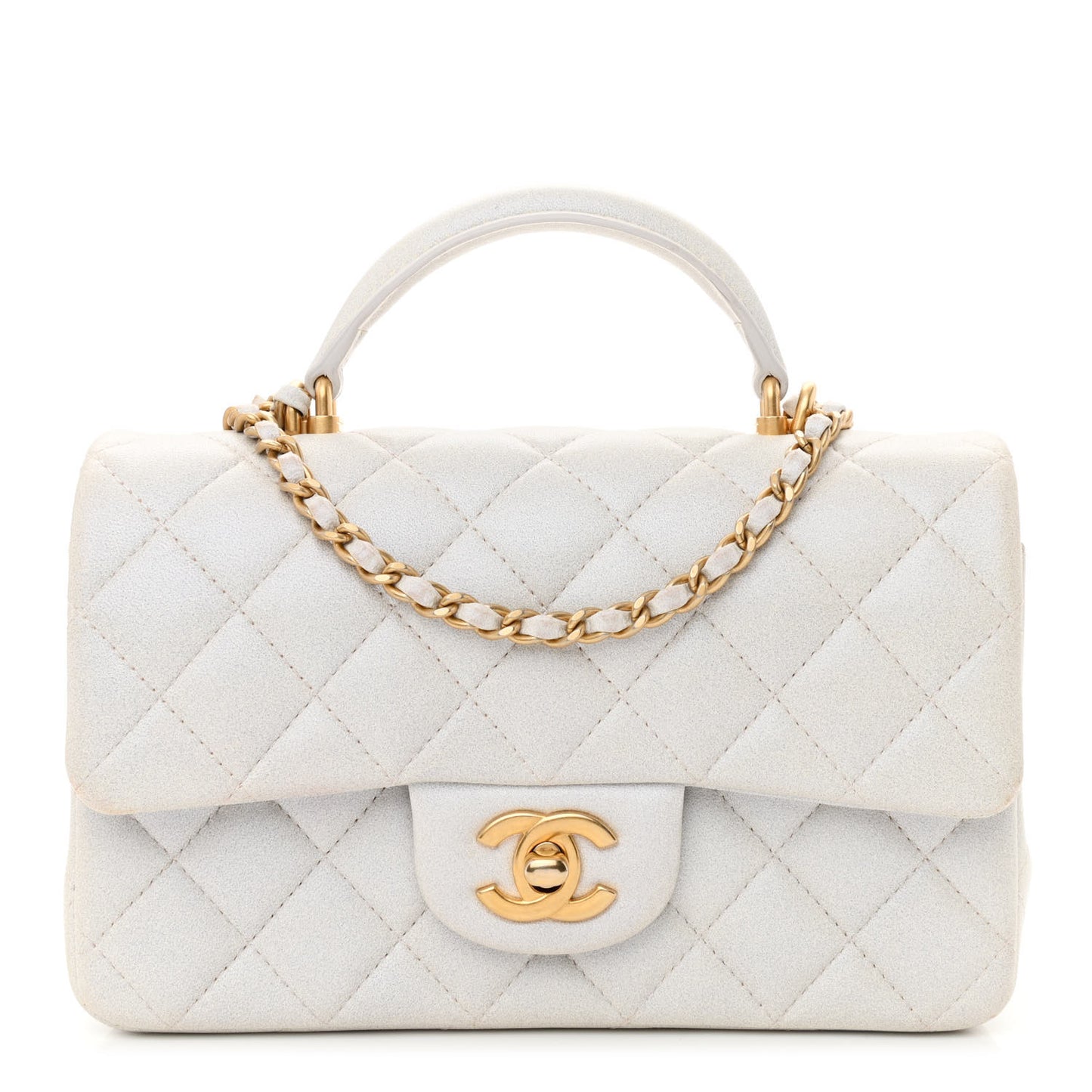 Iridescent Lambskin Quilted Mini Top Handle Rectangular Flap White