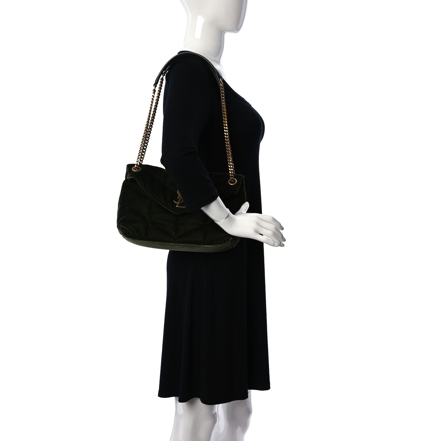 Saint Laurent Velvet Quilted Small Loulou Puffer Monogram Chain Satchel Kaki Musk 2 of 11