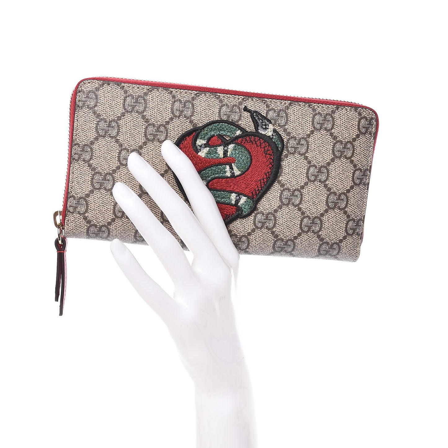 GG Supreme Monogram Kingsnake Heart Embroidered Zip Around Wallet Red