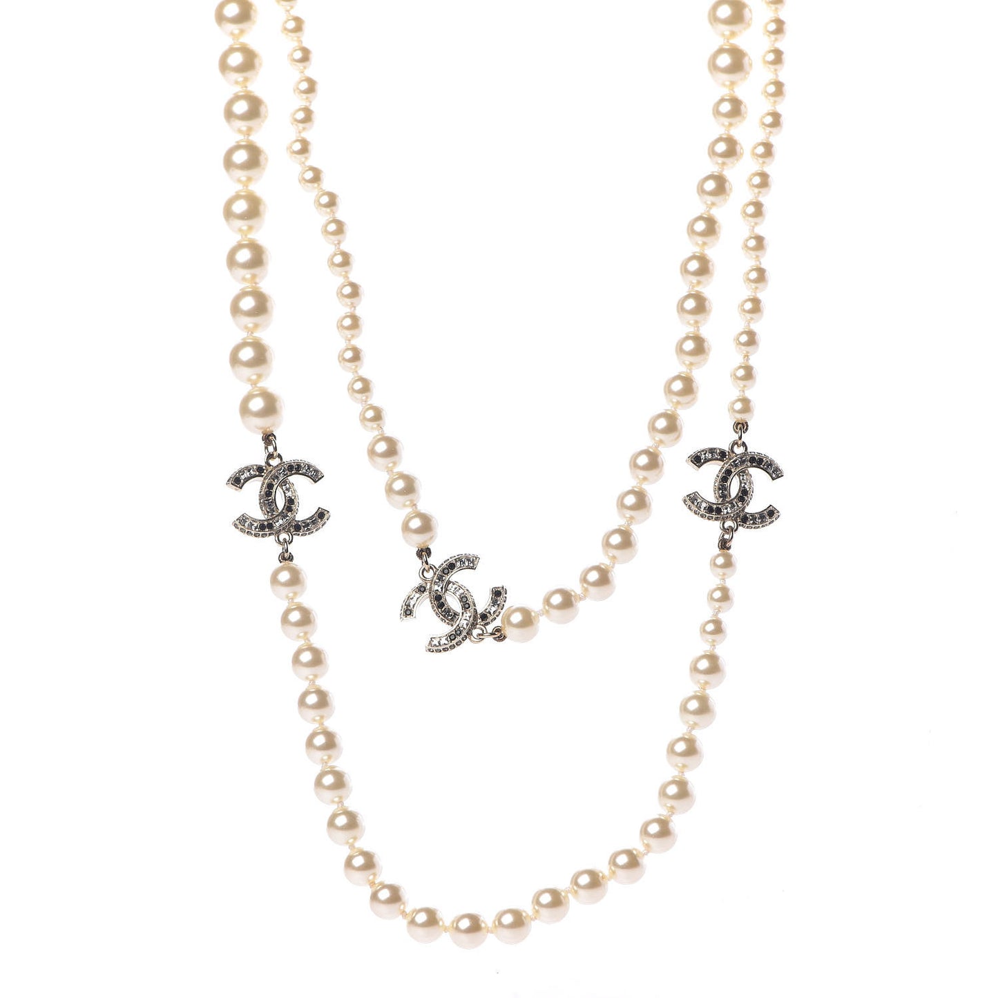 Pearl Crystal Long CC Necklace Gold Black