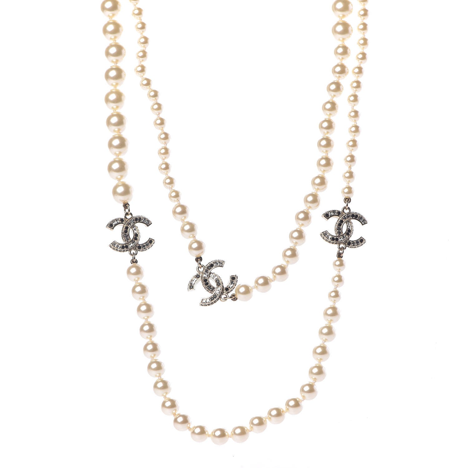 Chanel Pearl Crystal Long CC Necklace Gold Black 1 of 7