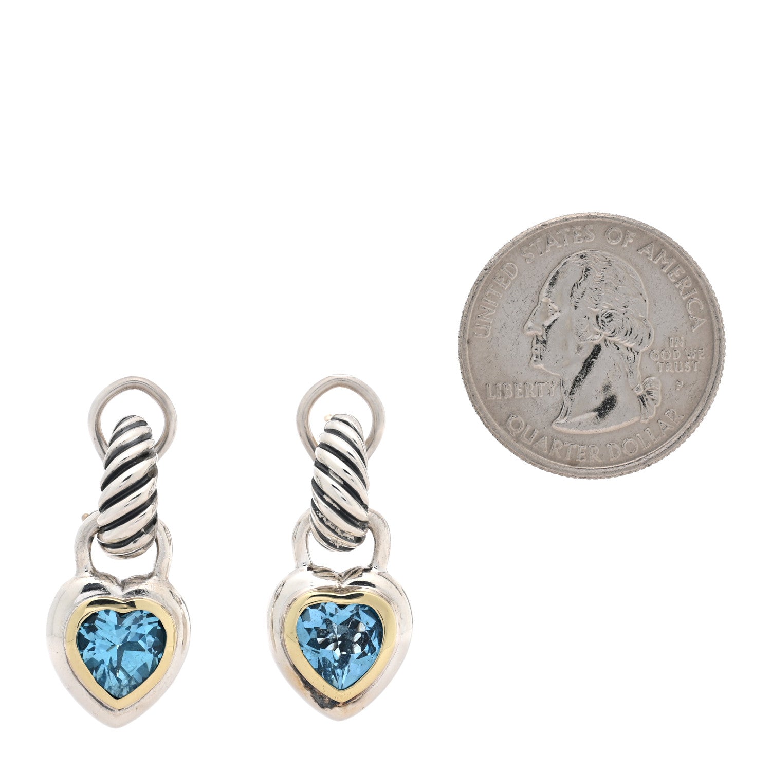 David Yurman Sterling Silver 14K Yellow Gold Blue Topaz Heart Earrings 2 of 4