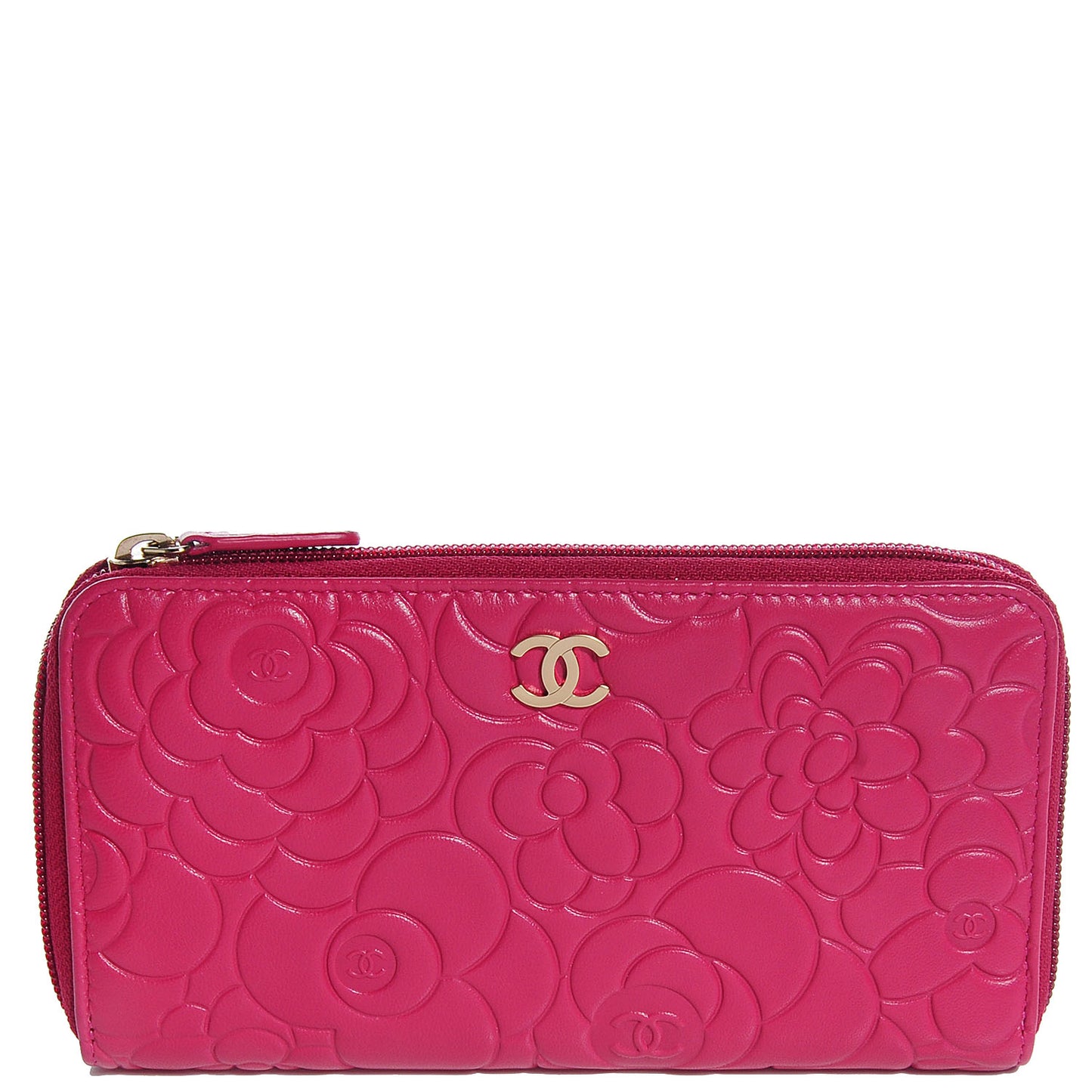 Lambskin Camellia Embossed Large Gusset Zip Around Wallet Fuchsia