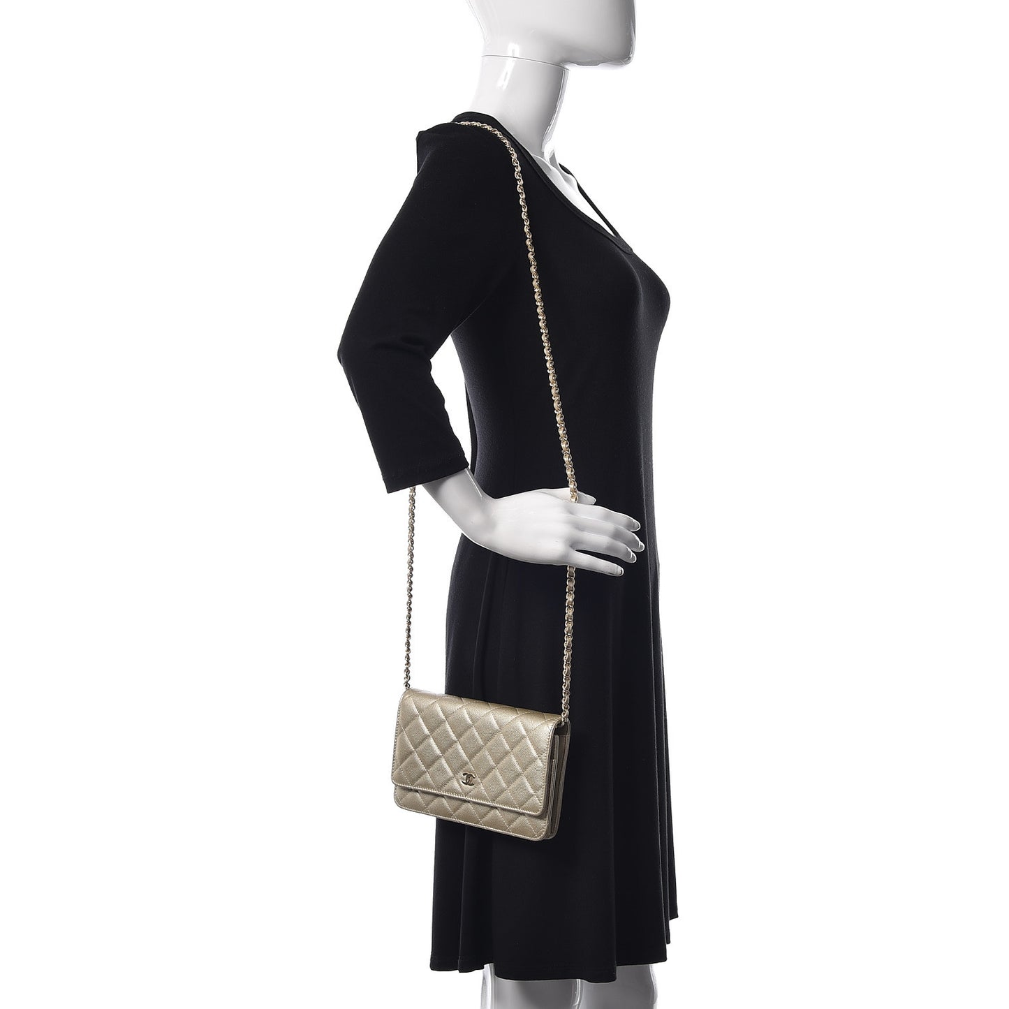 Pearly Caviar Quilted Wallet On Chain WOC Light Gold