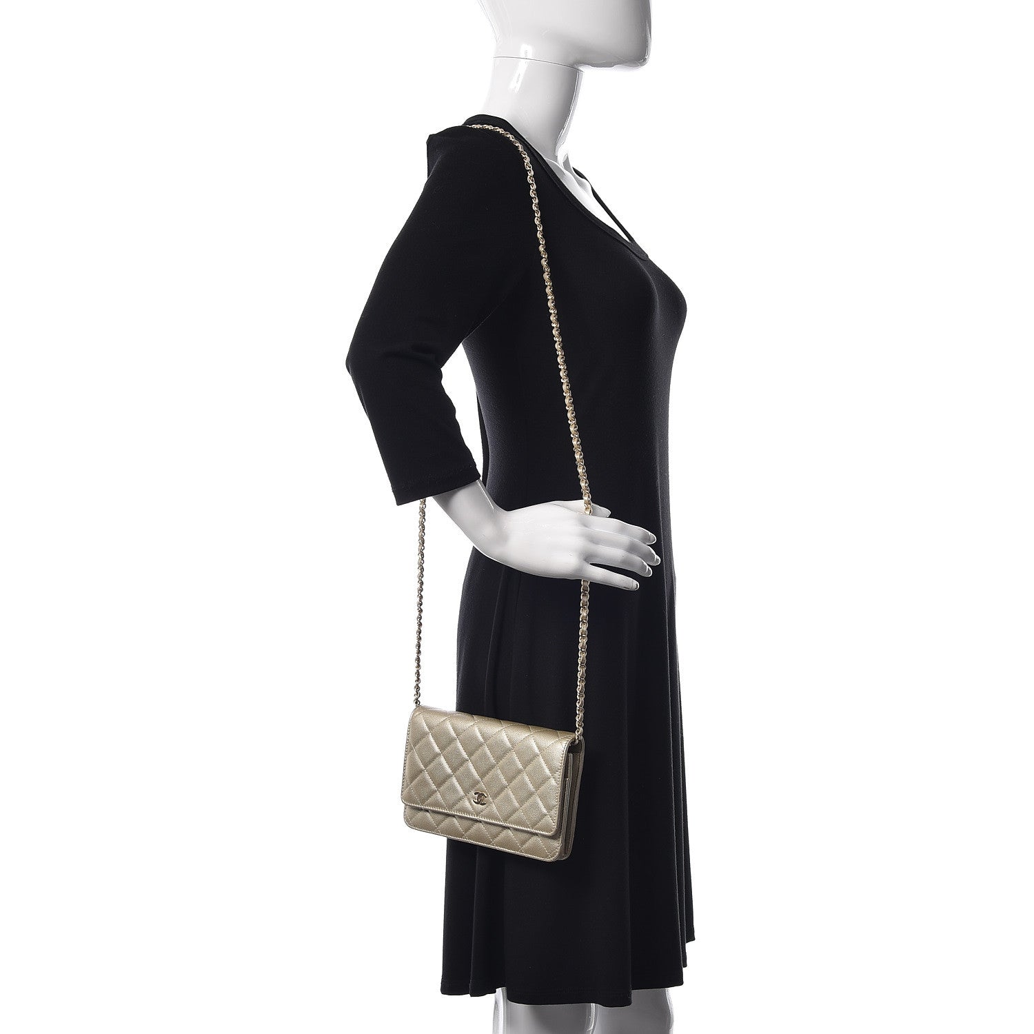 Chanel Pearly Caviar Quilted Wallet On Chain WOC Light Gold 2 of 12