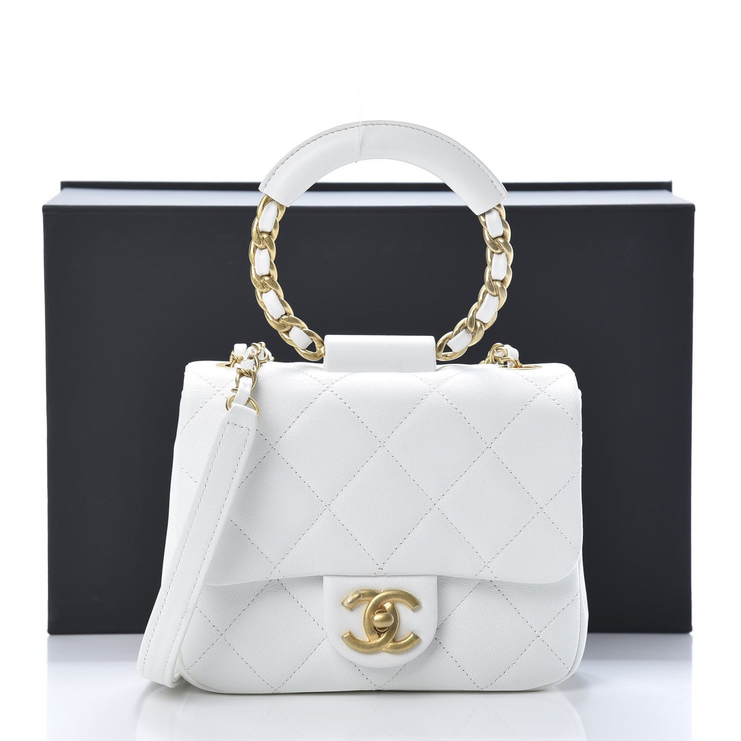 Lambskin Quilted Small Circular Handle Bag White
