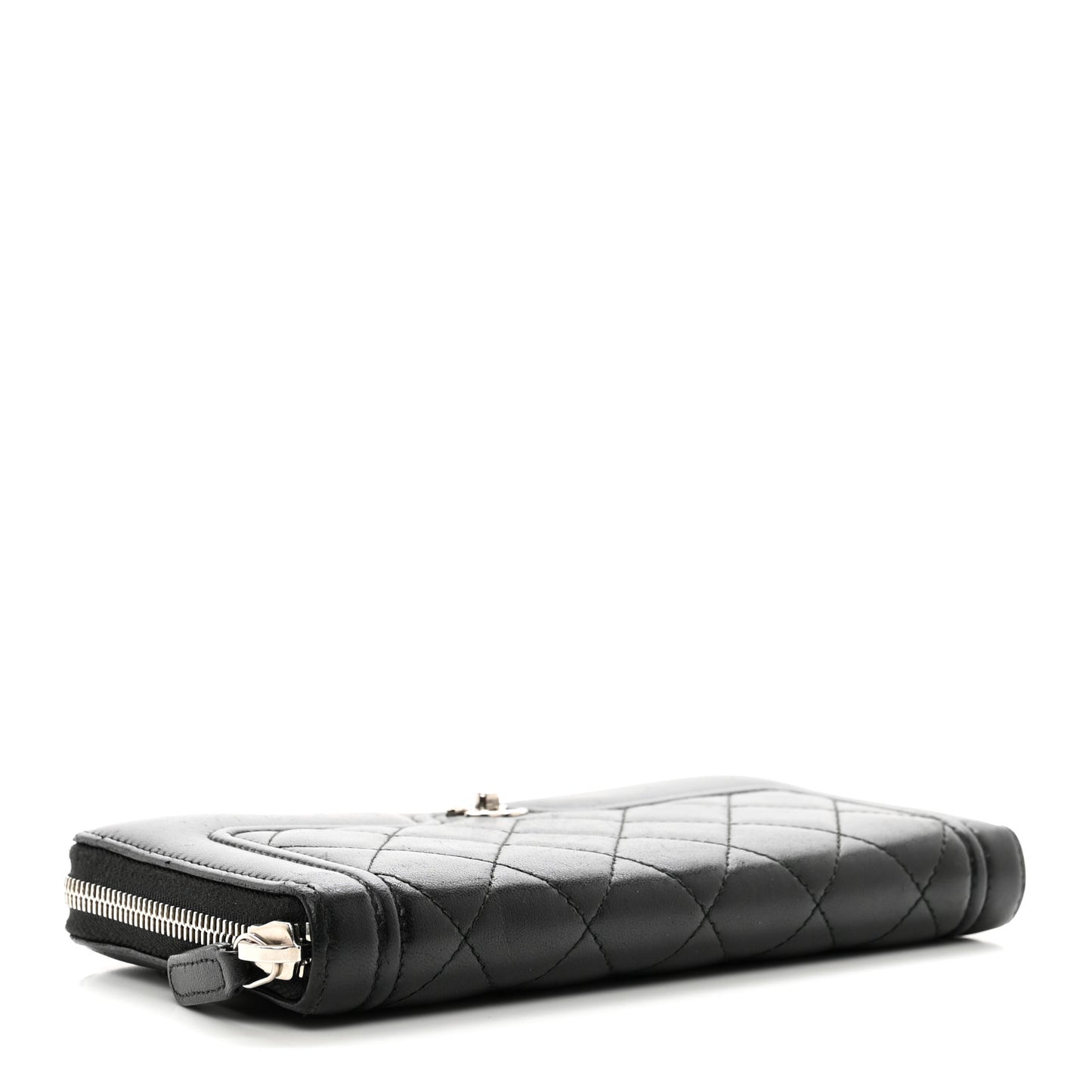 Lambskin Quilted Twist Lock CC Zip Around Wallet Black