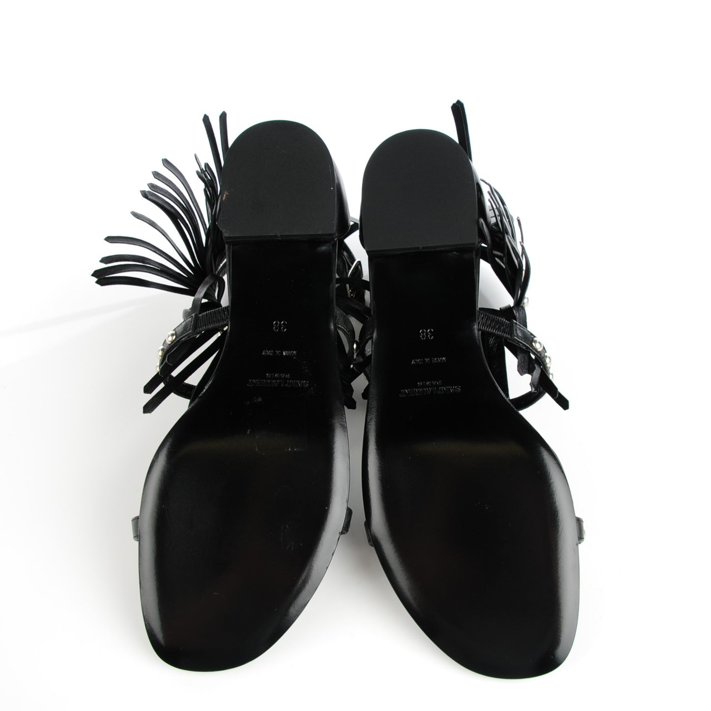 Calfskin Studded Fringe Cyuko Sandals 38 Black