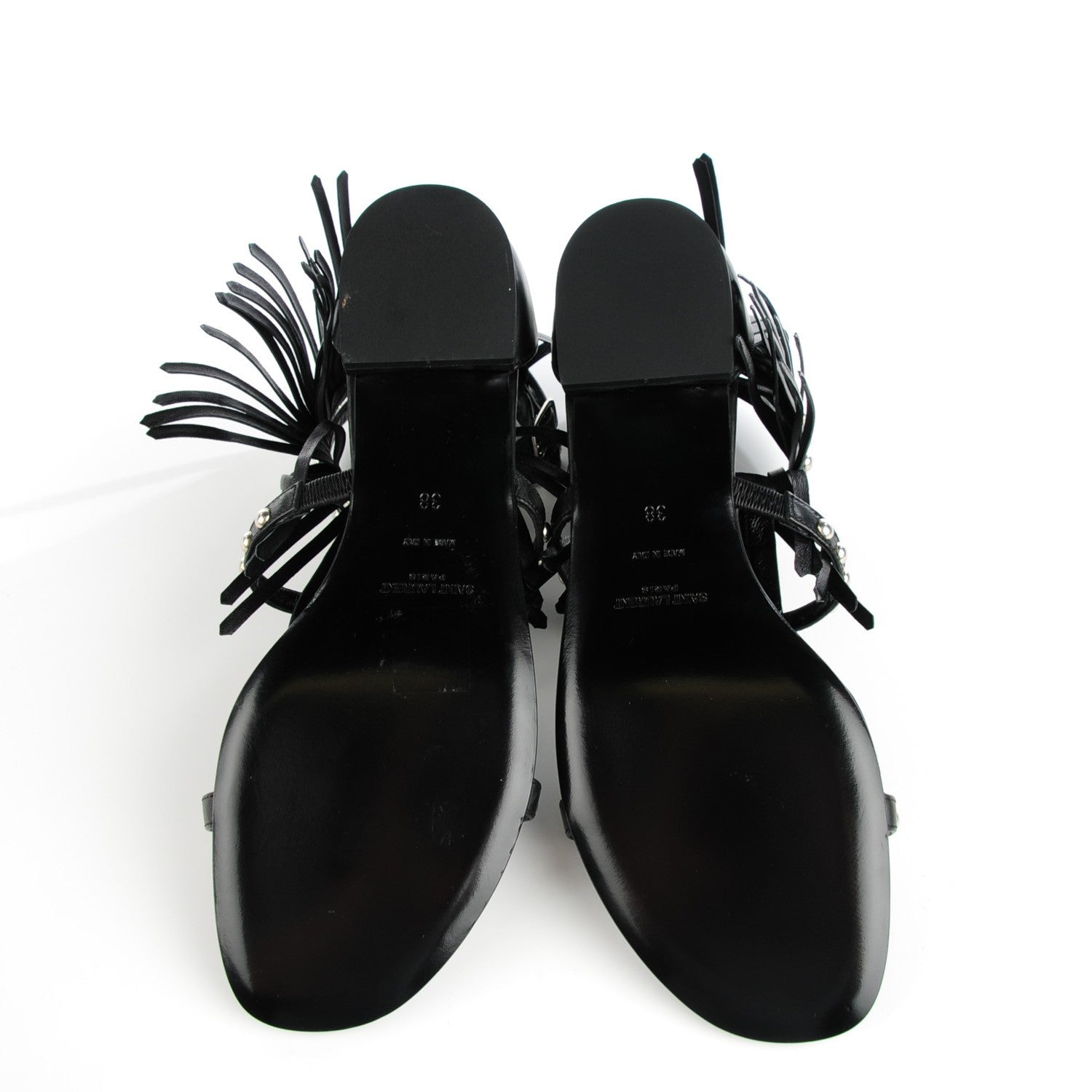 Saint Laurent Calfskin Studded Fringe Cyuko Sandals 38 Black 6 of 8