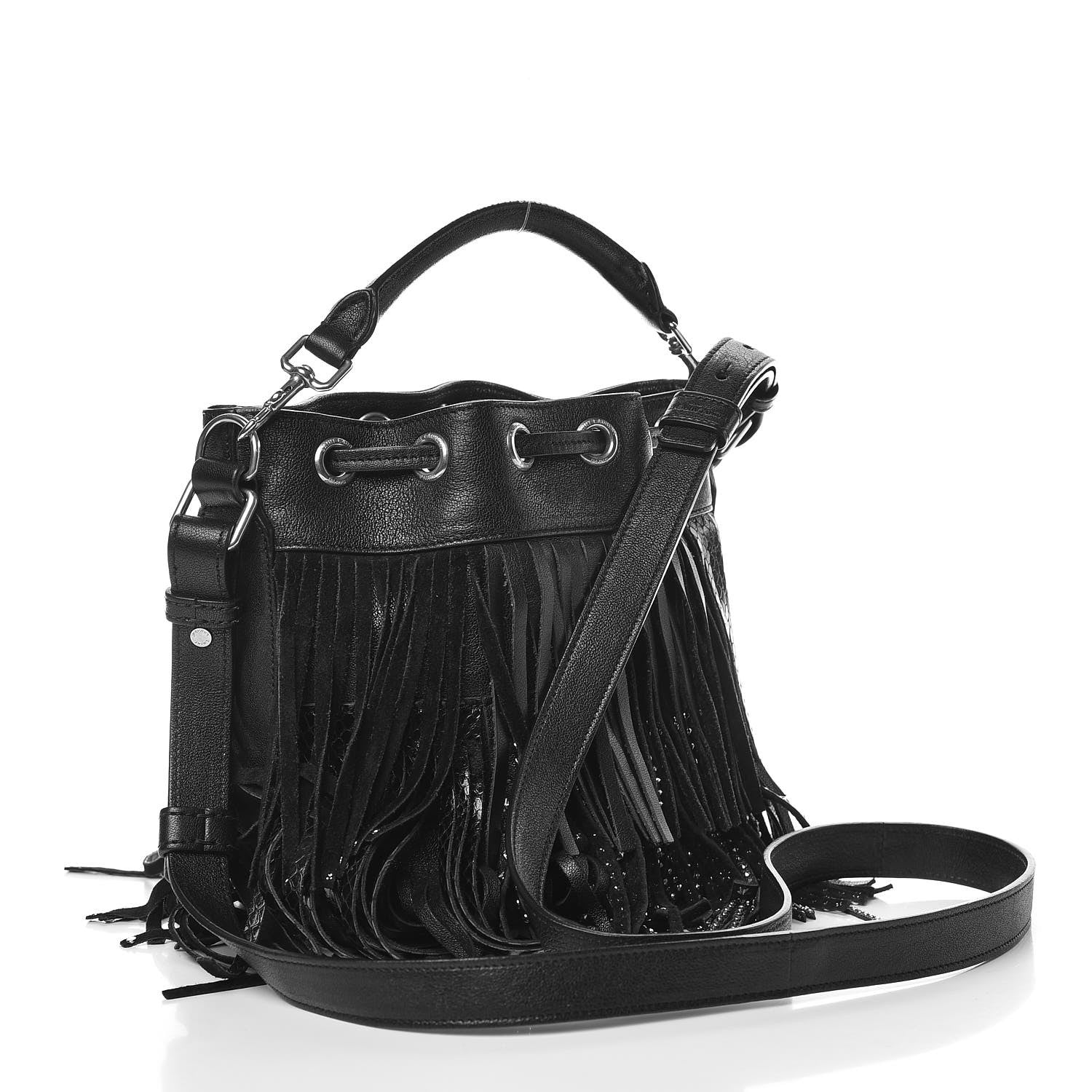 Saint Laurent Calfskin Studded Small Emmanuelle Fringe Bucket Bag Black 4 of 13
