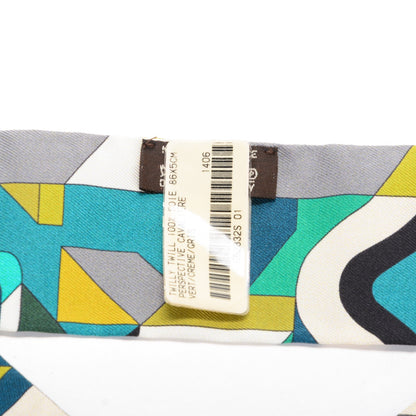 Hermes Silk Perspective Cavaliere Twilly Vert Creme Gris 3 of 6