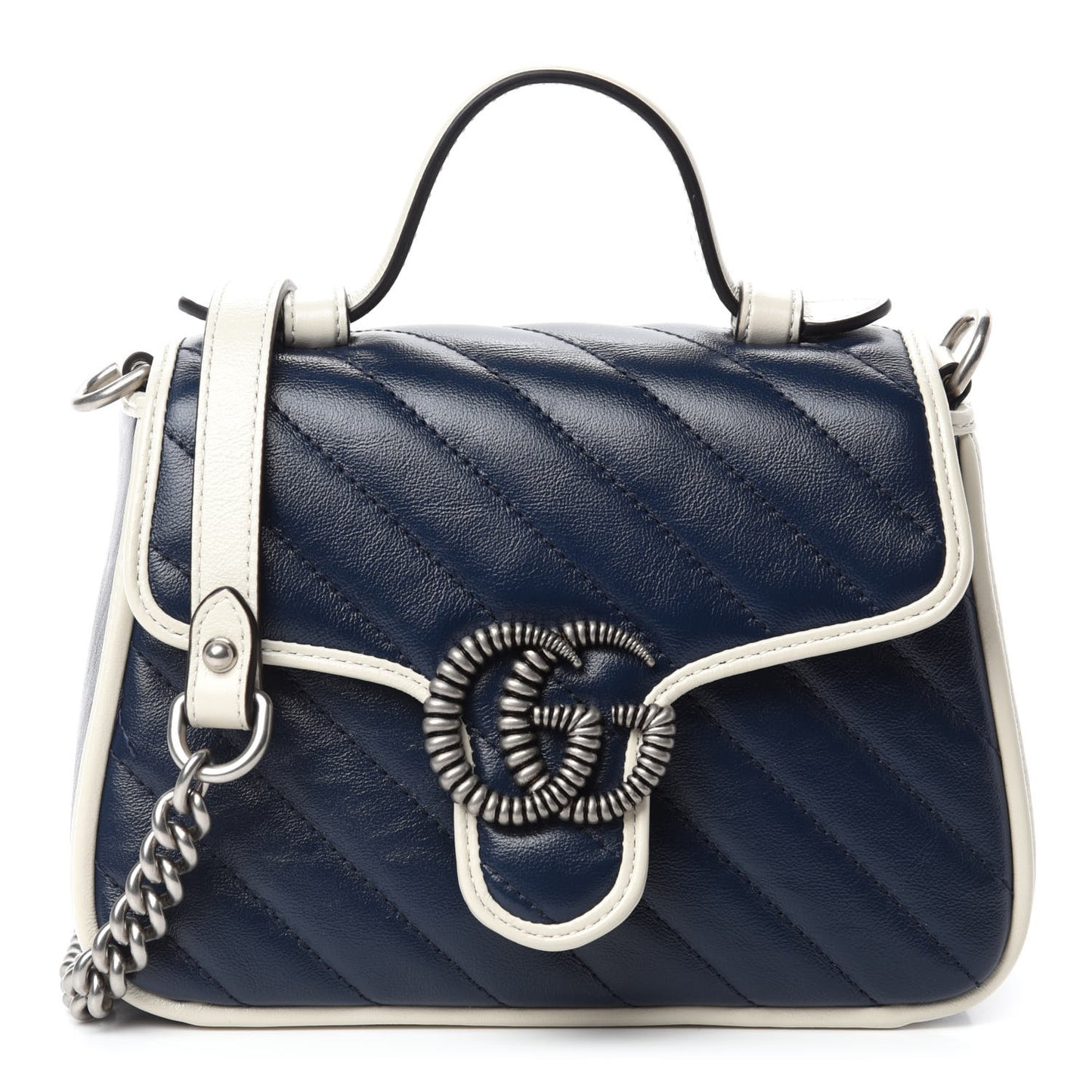 Vintage Effect Calfskin Matelasse Diagonal Mini Torchon GG Marmont Top Handle Shoulder Bag Blue Agata Mystic White
