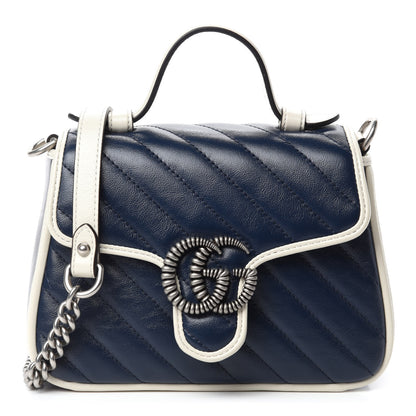 Gucci Vintage Effect Calfskin Matelasse Diagonal Mini Torchon GG Marmont Top Handle Shoulder Bag Blue Agata Mystic White 1 of 10