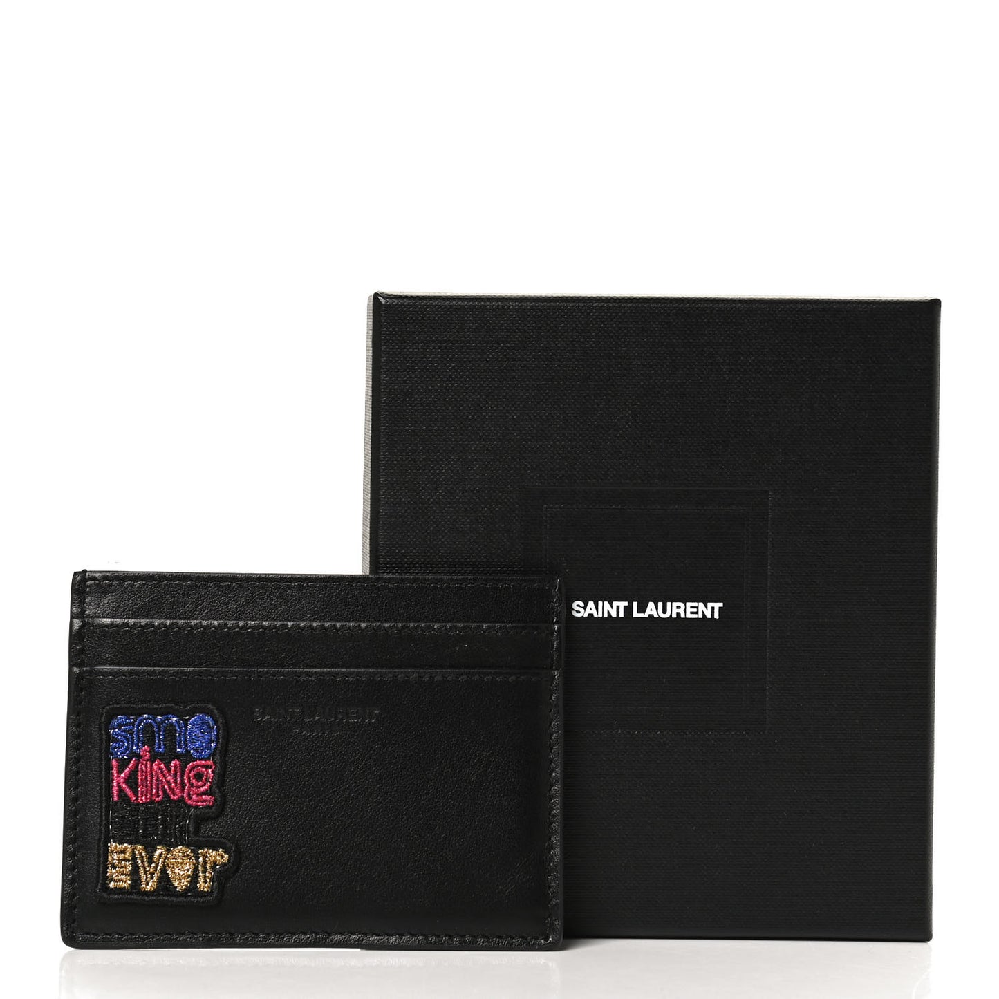Calfskin Smoking Forever Patch Credit Card Case Black