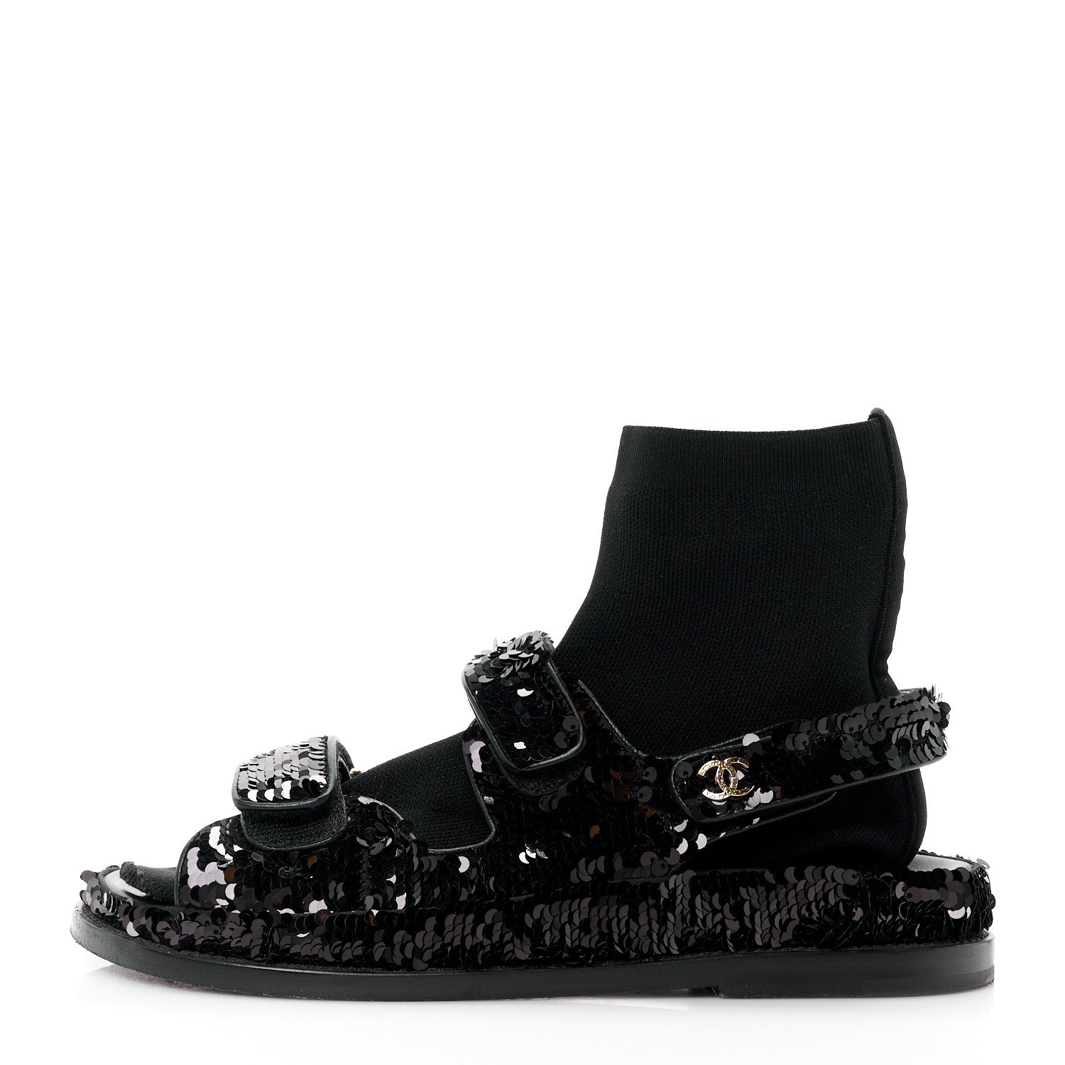 Chanel Sequin Knit Velcro Dad Sandals 38 Black 1 of 12