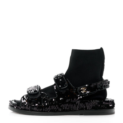 Chanel Sequin Knit Velcro Dad Sandals 38 Black 1 of 12